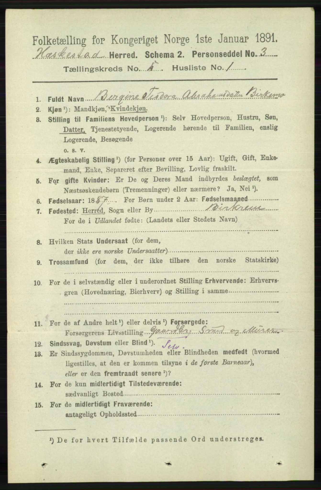 RA, 1891 census for 1113 Heskestad, 1891, p. 874