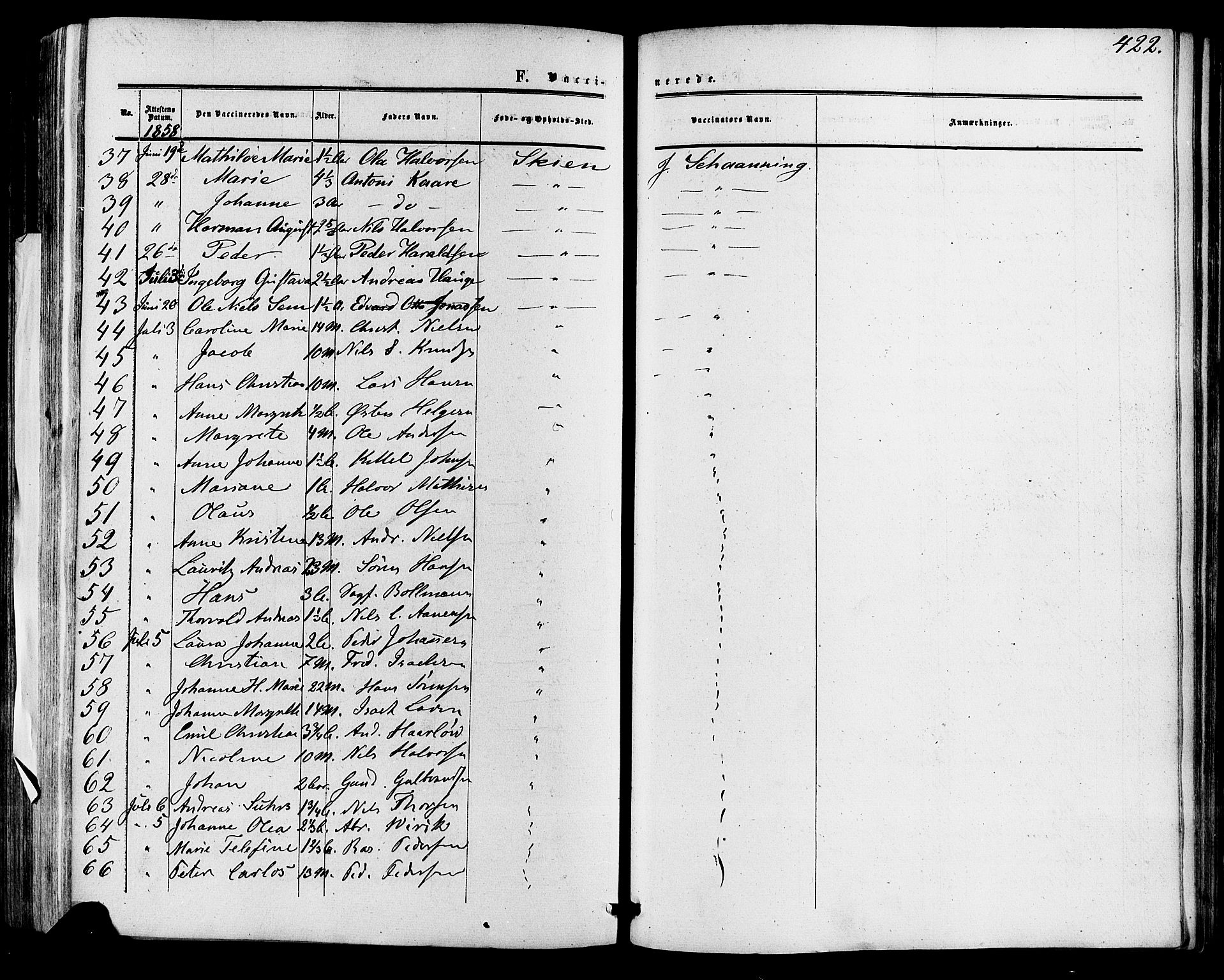 Skien kirkebøker, SAKO/A-302/F/Fa/L0007: Parish register (official) no. 7, 1856-1865, p. 422