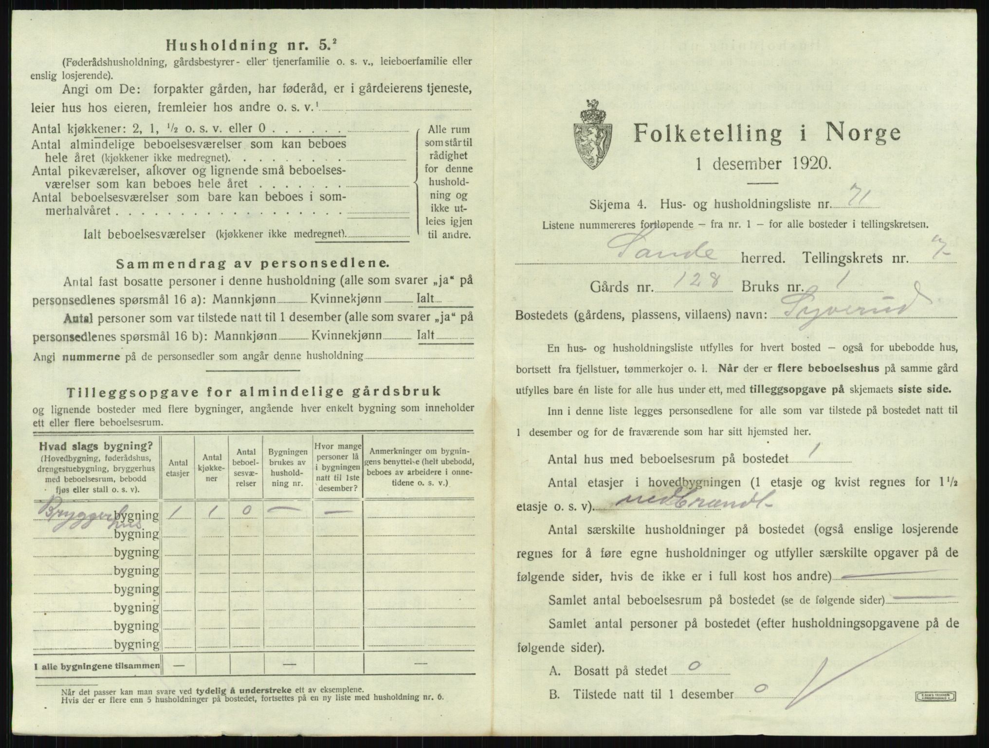 SAKO, 1920 census for Sande, 1920, p. 1353