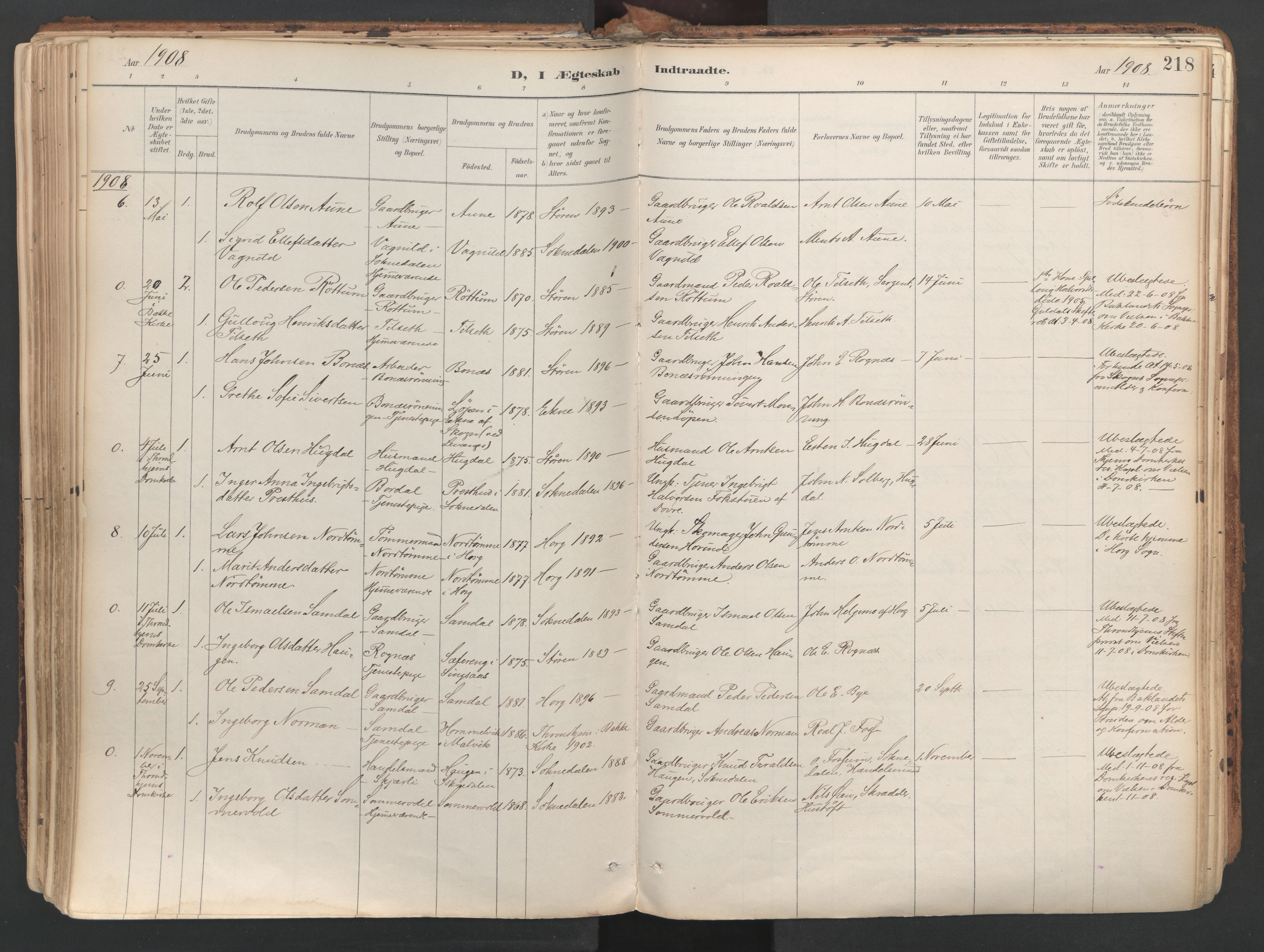 Ministerialprotokoller, klokkerbøker og fødselsregistre - Sør-Trøndelag, SAT/A-1456/687/L1004: Parish register (official) no. 687A10, 1891-1923, p. 218