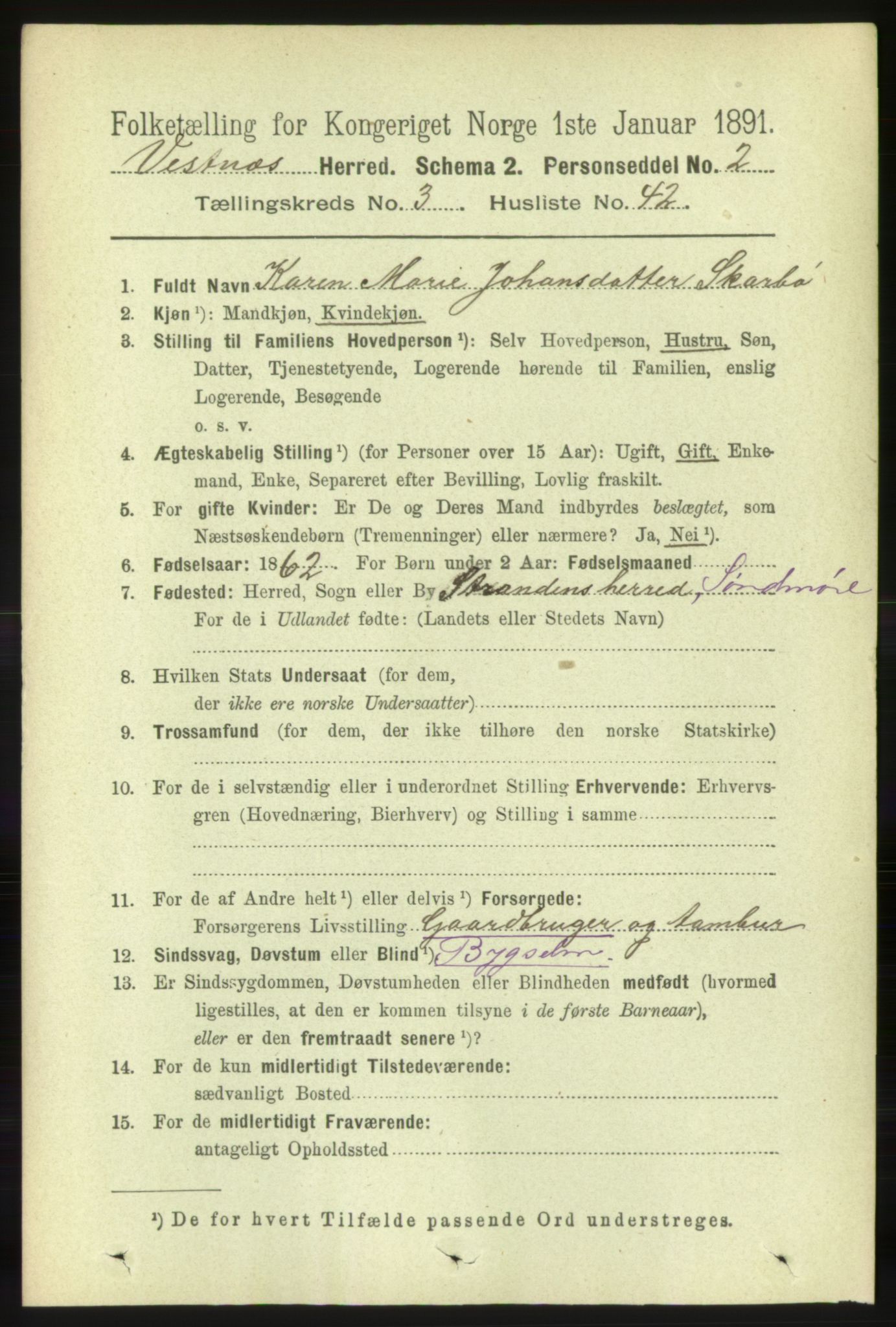 RA, 1891 census for 1535 Vestnes, 1891, p. 1102