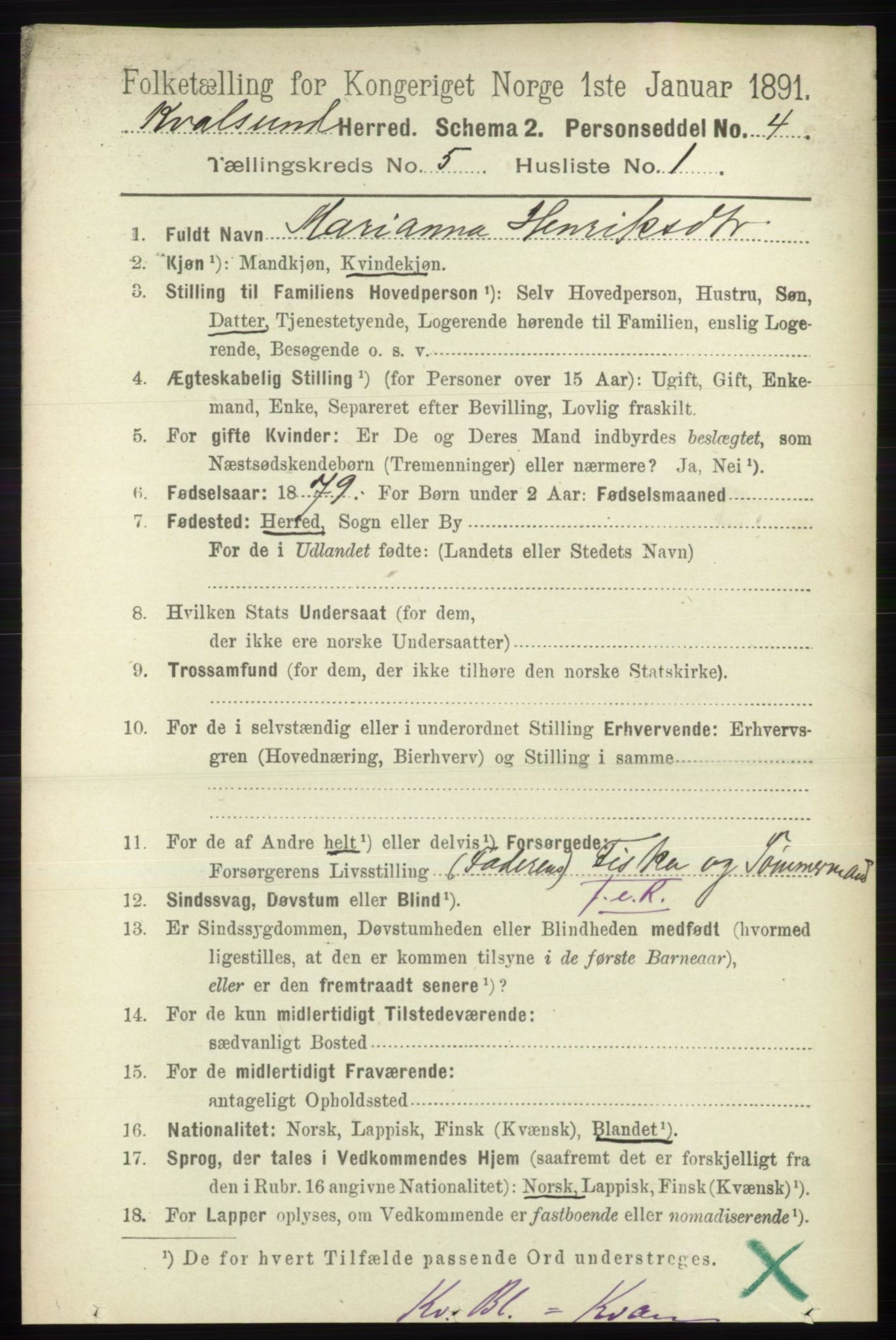 RA, 1891 census for 2017 Kvalsund, 1891, p. 518