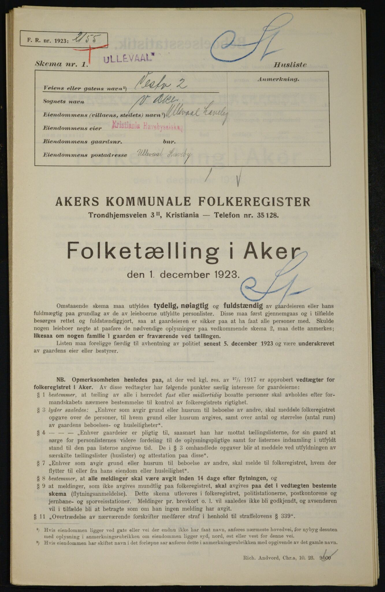 , Municipal Census 1923 for Aker, 1923, p. 21908