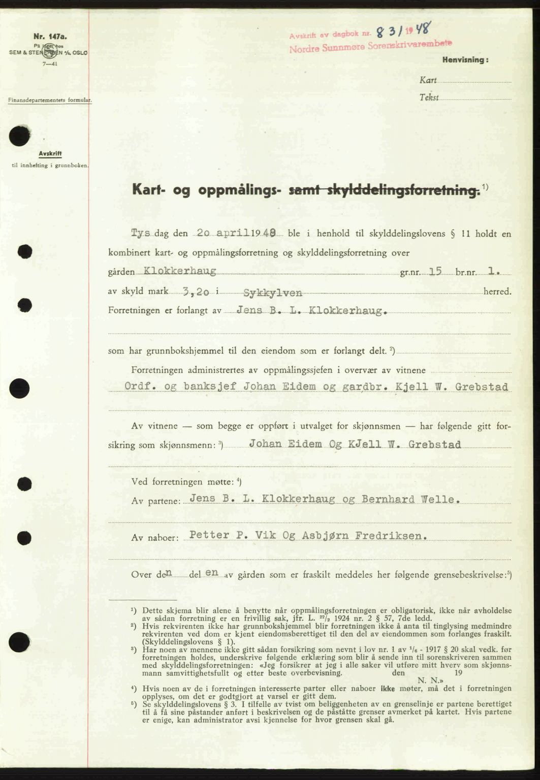 Nordre Sunnmøre sorenskriveri, AV/SAT-A-0006/1/2/2C/2Ca: Mortgage book no. A27, 1948-1948, Diary no: : 831/1948