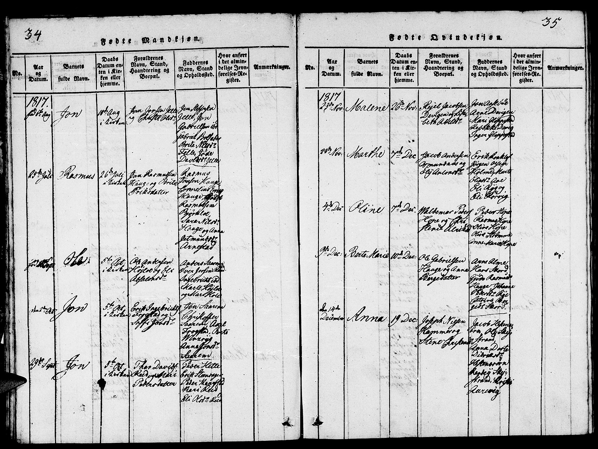 Gloppen sokneprestembete, SAB/A-80101/H/Hab/Haba/L0001: Parish register (copy) no. A 1, 1816-1827, p. 34-35