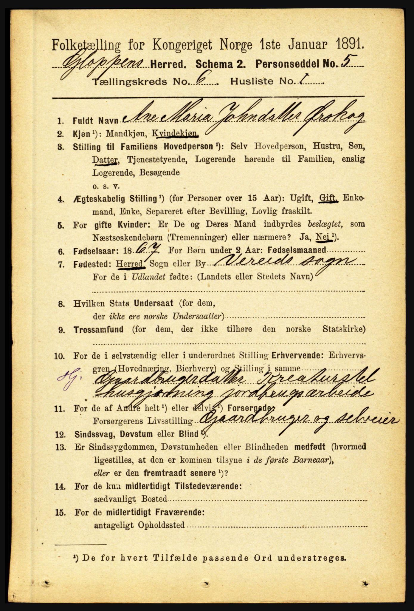 RA, 1891 census for 1445 Gloppen, 1891, p. 2258