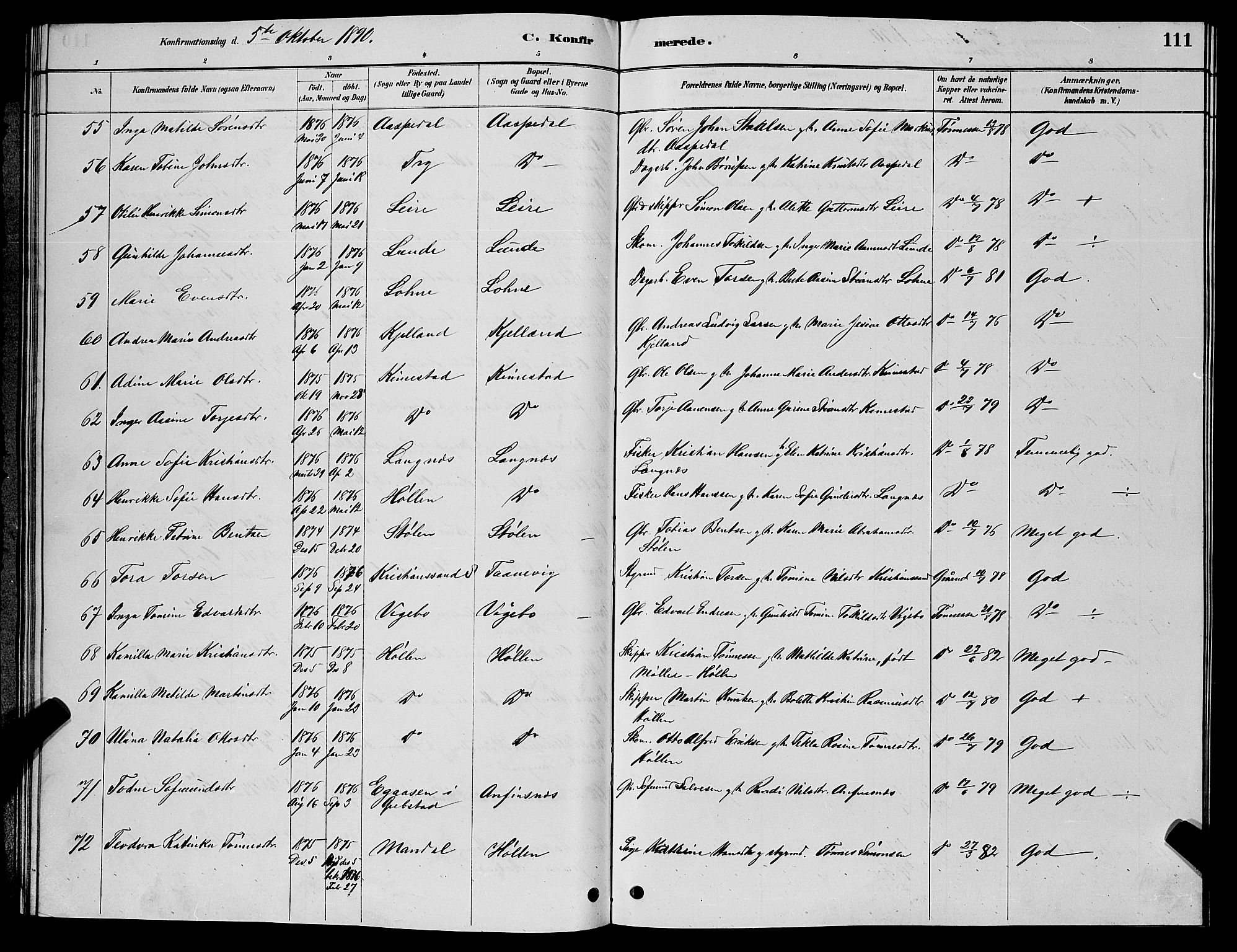Søgne sokneprestkontor, SAK/1111-0037/F/Fb/Fbb/L0005: Parish register (copy) no. B 5, 1884-1891, p. 111