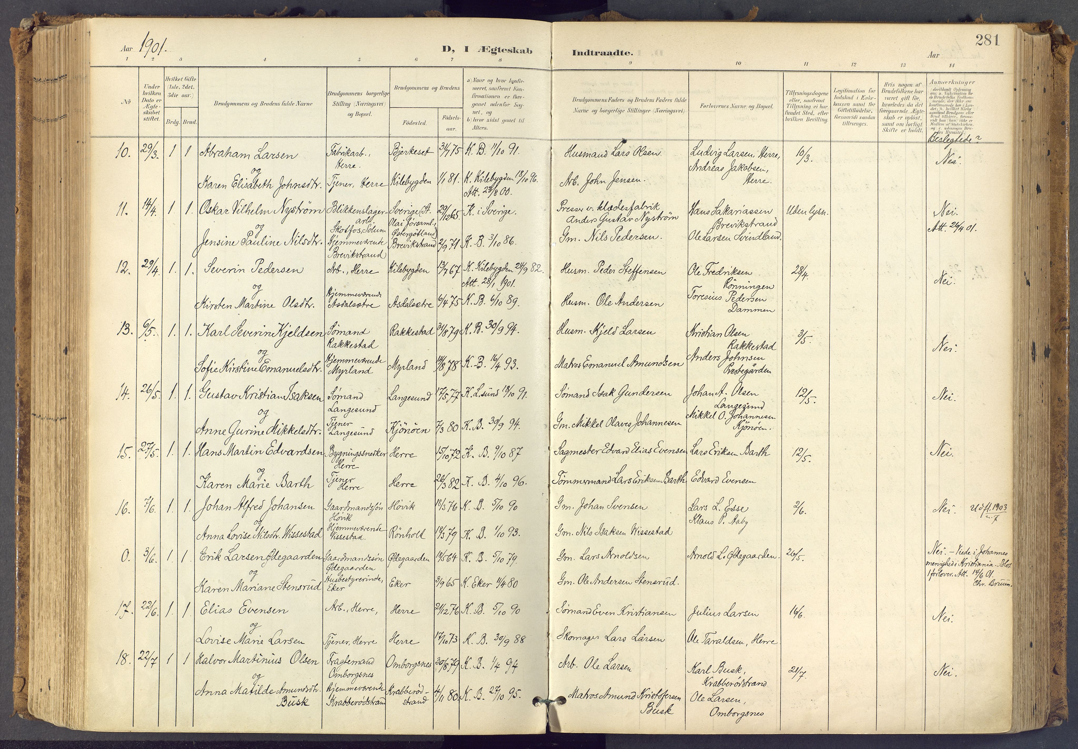 Bamble kirkebøker, SAKO/A-253/F/Fa/L0009: Parish register (official) no. I 9, 1901-1917, p. 281