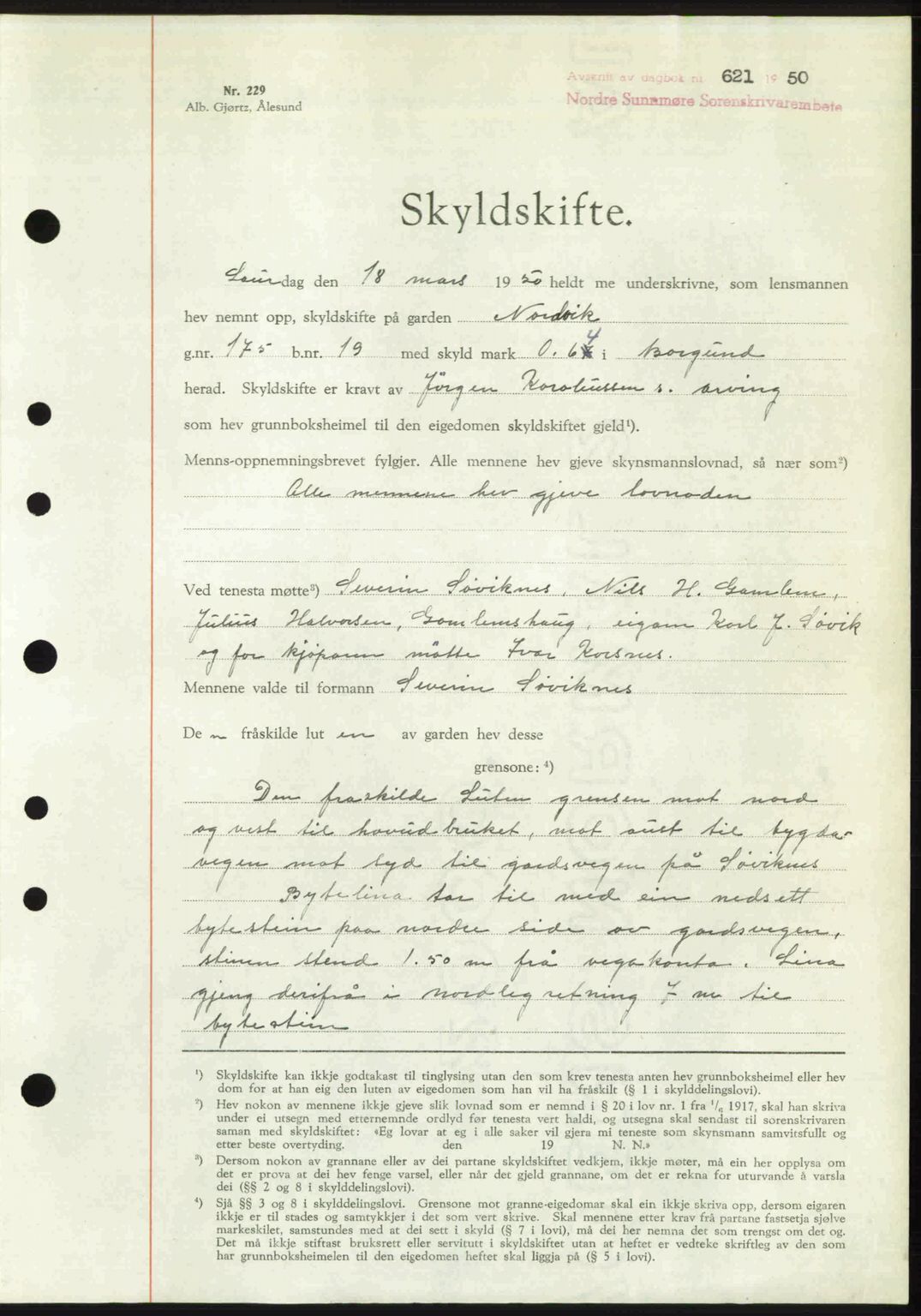 Nordre Sunnmøre sorenskriveri, AV/SAT-A-0006/1/2/2C/2Ca: Mortgage book no. A34, 1950-1950, Diary no: : 621/1950