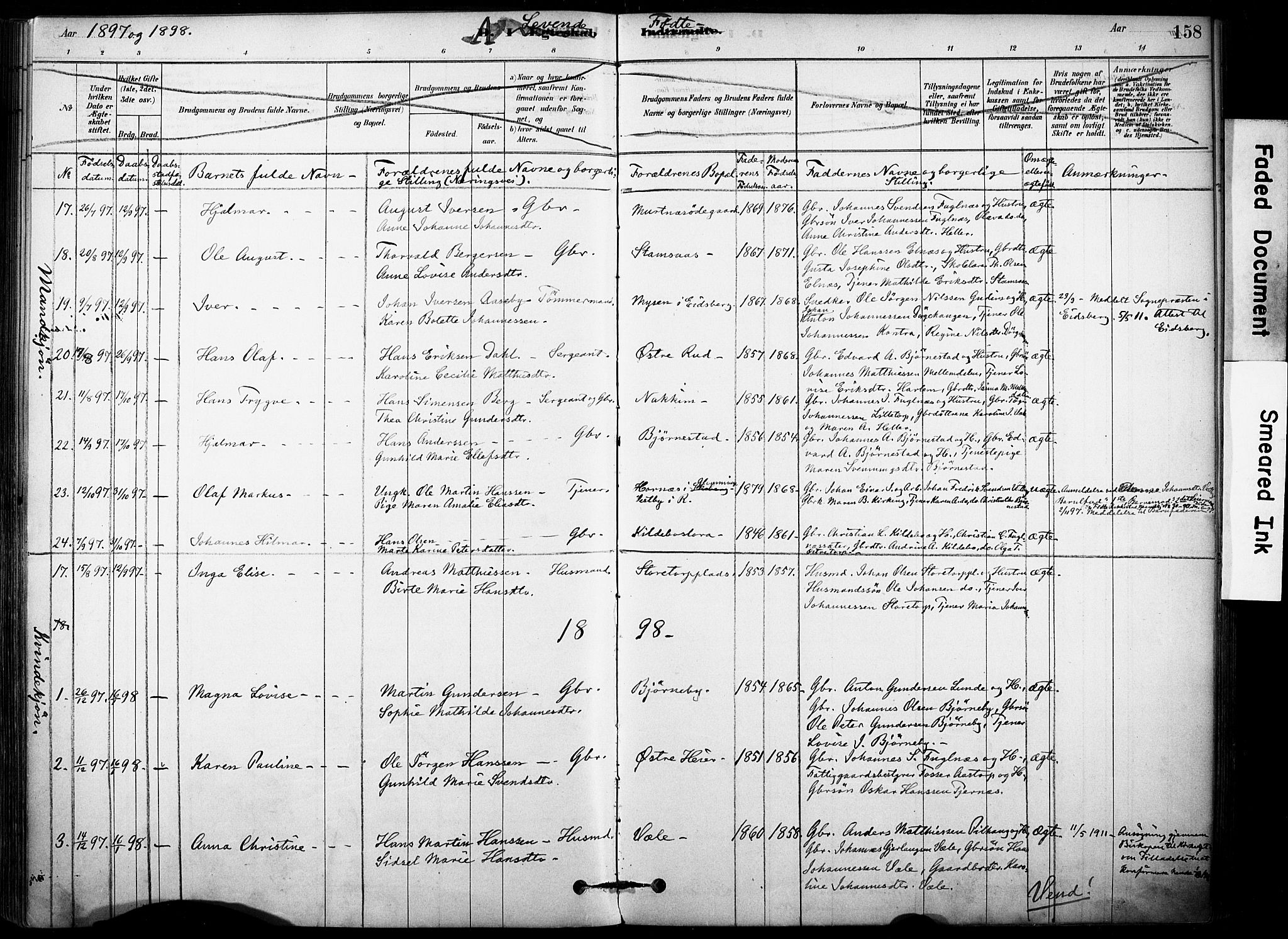 Rakkestad prestekontor Kirkebøker, AV/SAO-A-2008/F/Fb/L0001: Parish register (official) no. II 1, 1878-1899, p. 158