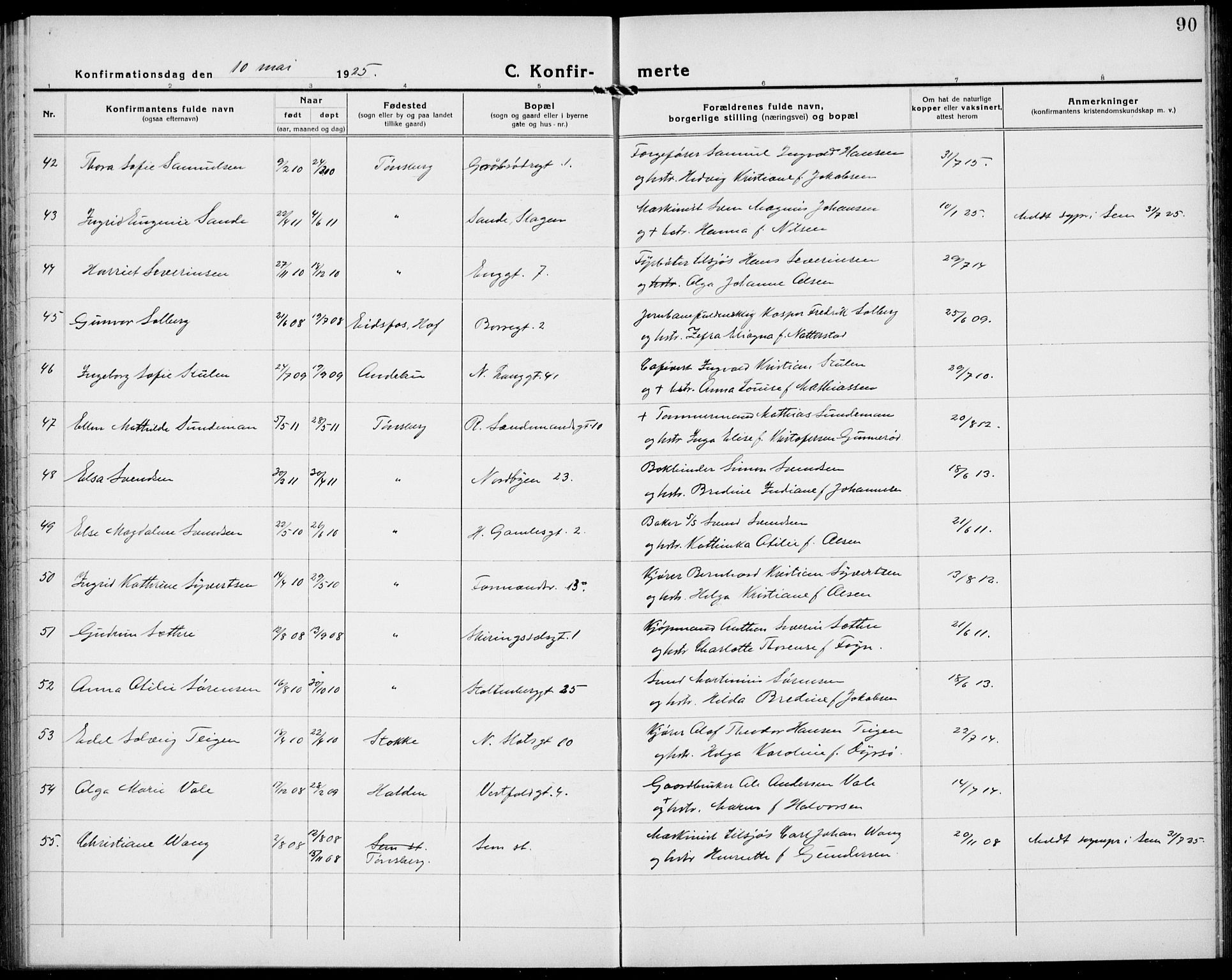 Tønsberg kirkebøker, AV/SAKO-A-330/G/Ga/L0013: Parish register (copy) no. 13, 1920-1929, p. 90