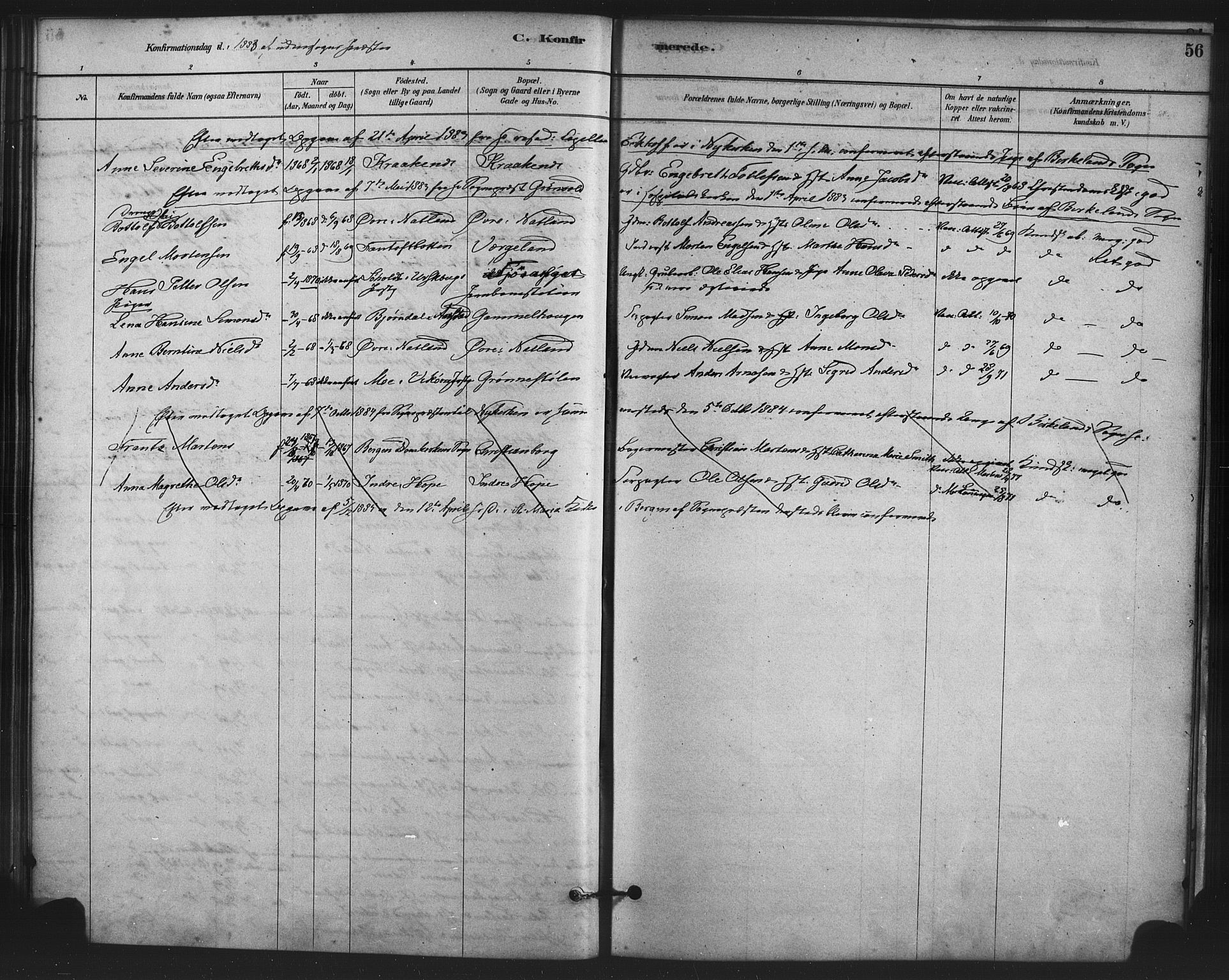 Fana Sokneprestembete, AV/SAB-A-75101/H/Haa/Haai/L0001: Parish register (official) no. I 1, 1878-1888, p. 56