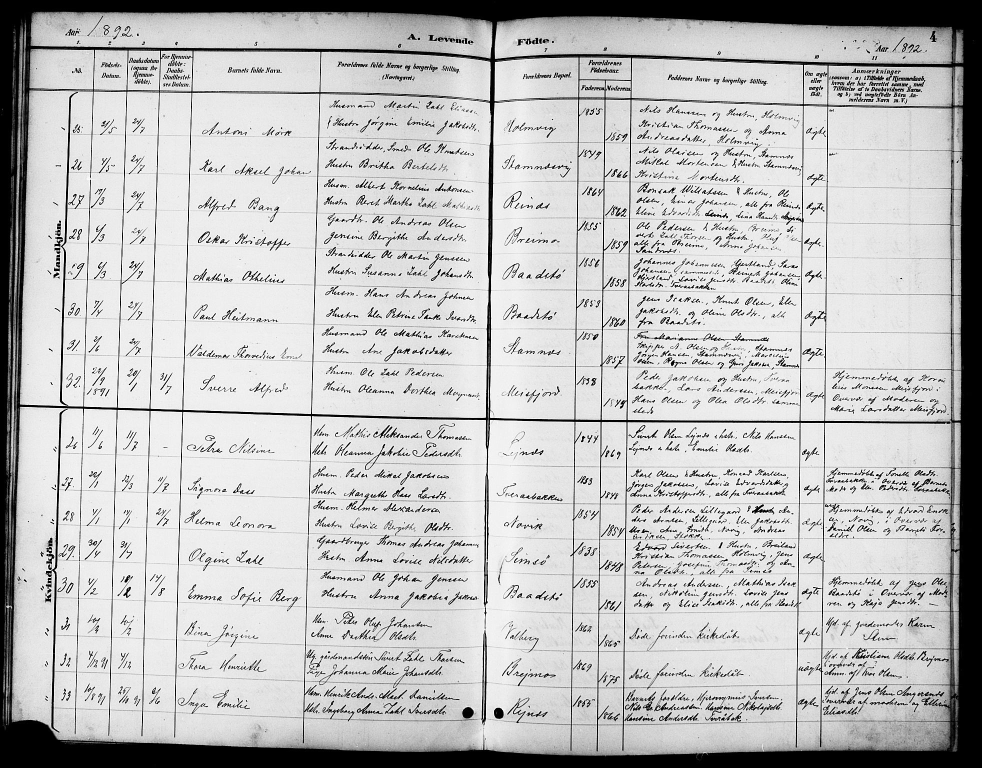 Ministerialprotokoller, klokkerbøker og fødselsregistre - Nordland, SAT/A-1459/831/L0478: Parish register (copy) no. 831C05, 1892-1909, p. 4
