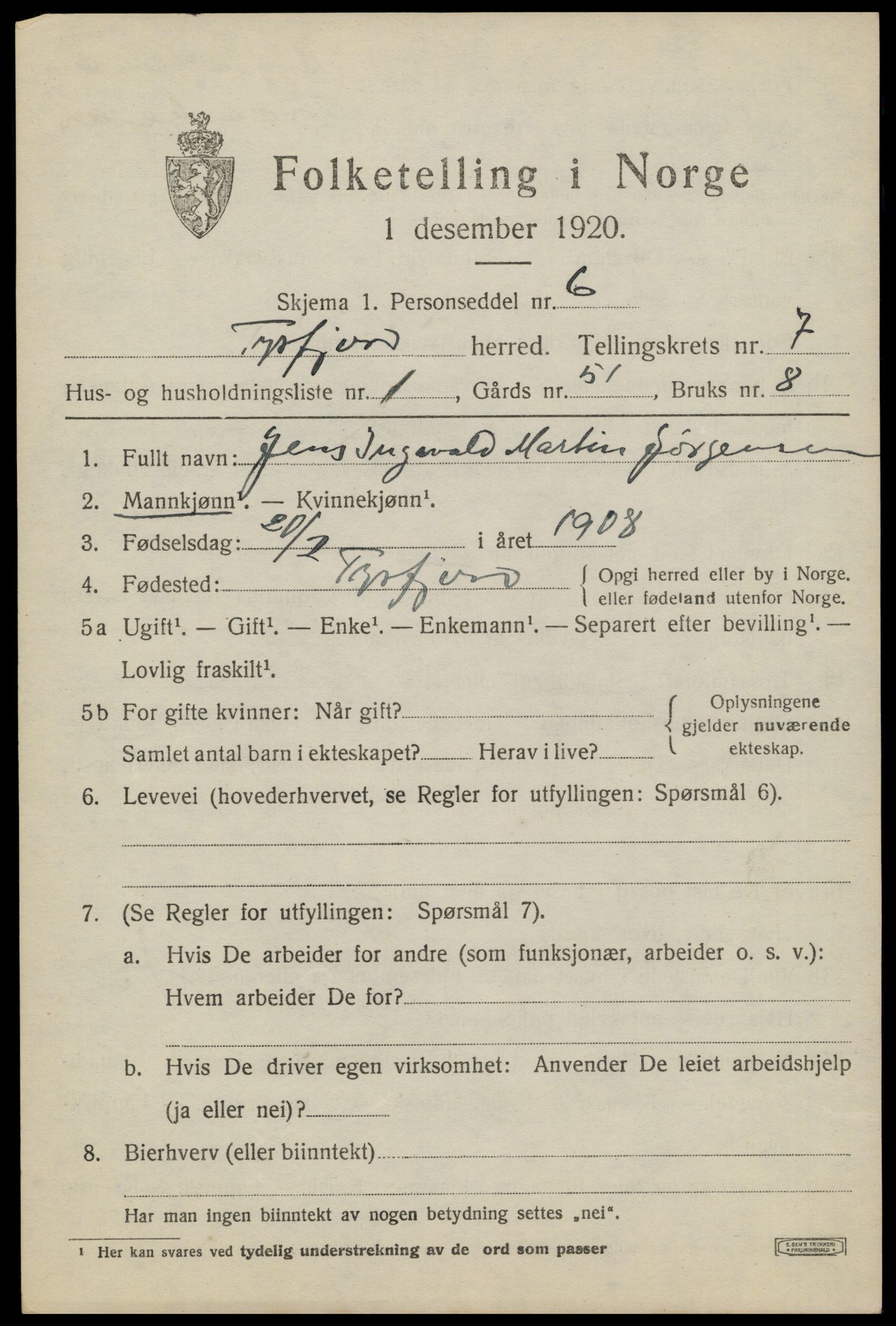 SAT, 1920 census for Tysfjord, 1920, p. 5155