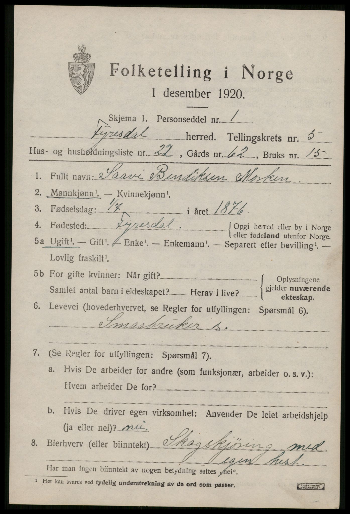 SAKO, 1920 census for Fyresdal, 1920, p. 2305