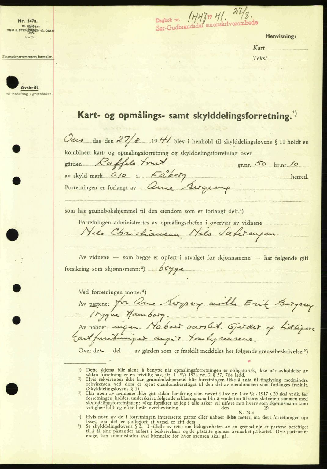 Sør-Gudbrandsdal tingrett, SAH/TING-004/H/Hb/Hbd/L0009: Mortgage book no. A9, 1941-1941, Diary no: : 1447/1941