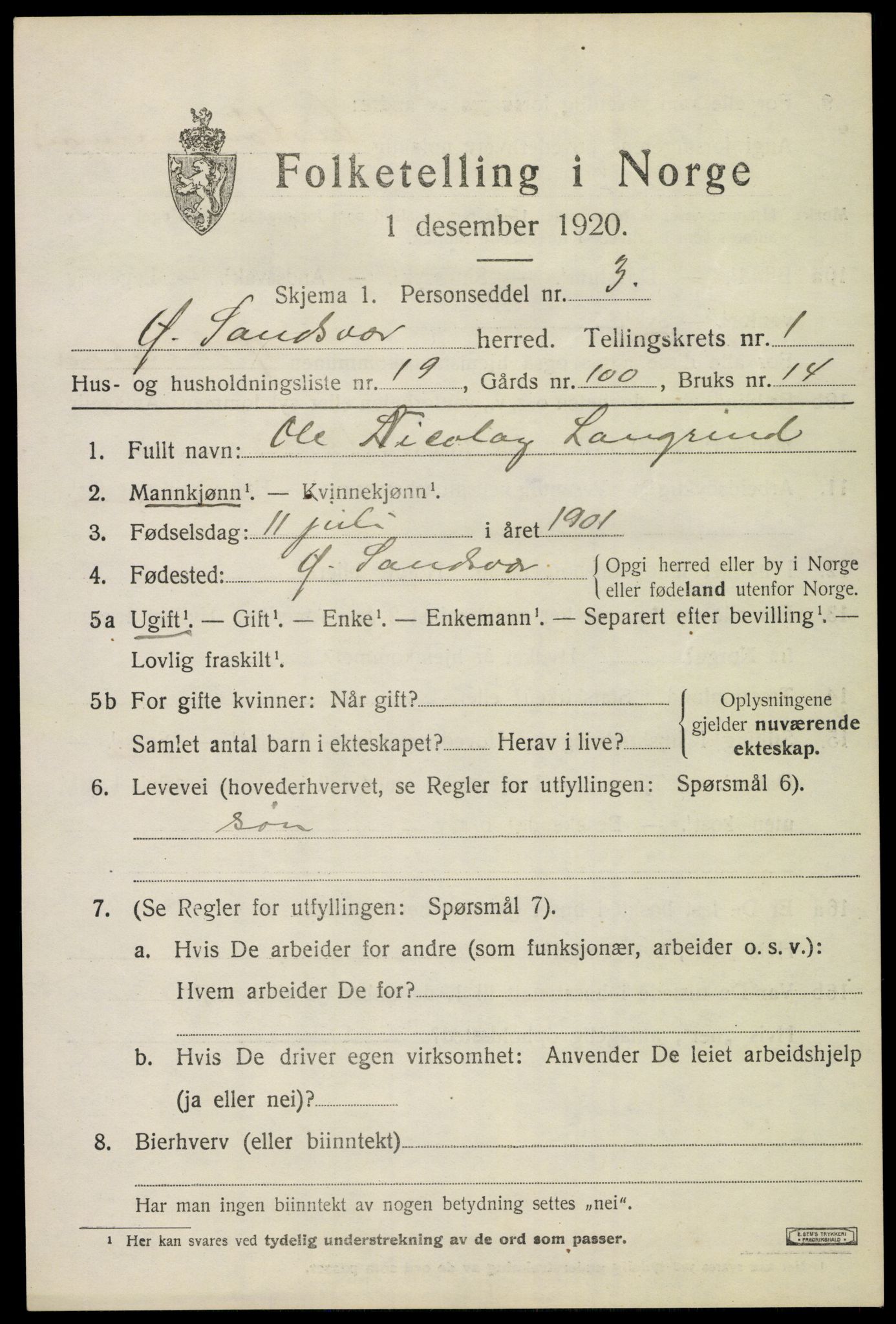 SAKO, 1920 census for Øvre Sandsvær, 1920, p. 1176