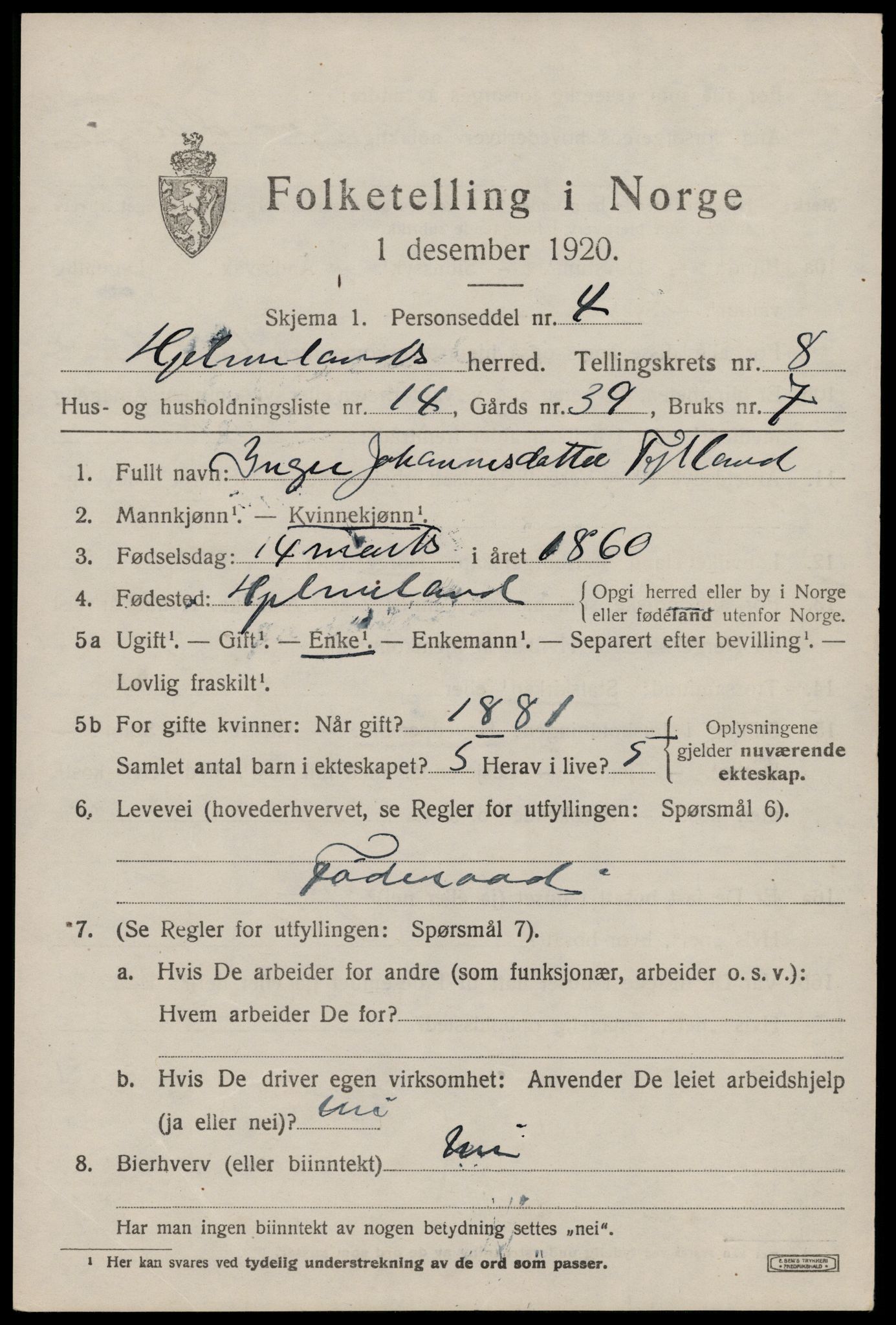 SAST, 1920 census for Hjelmeland, 1920, p. 2681