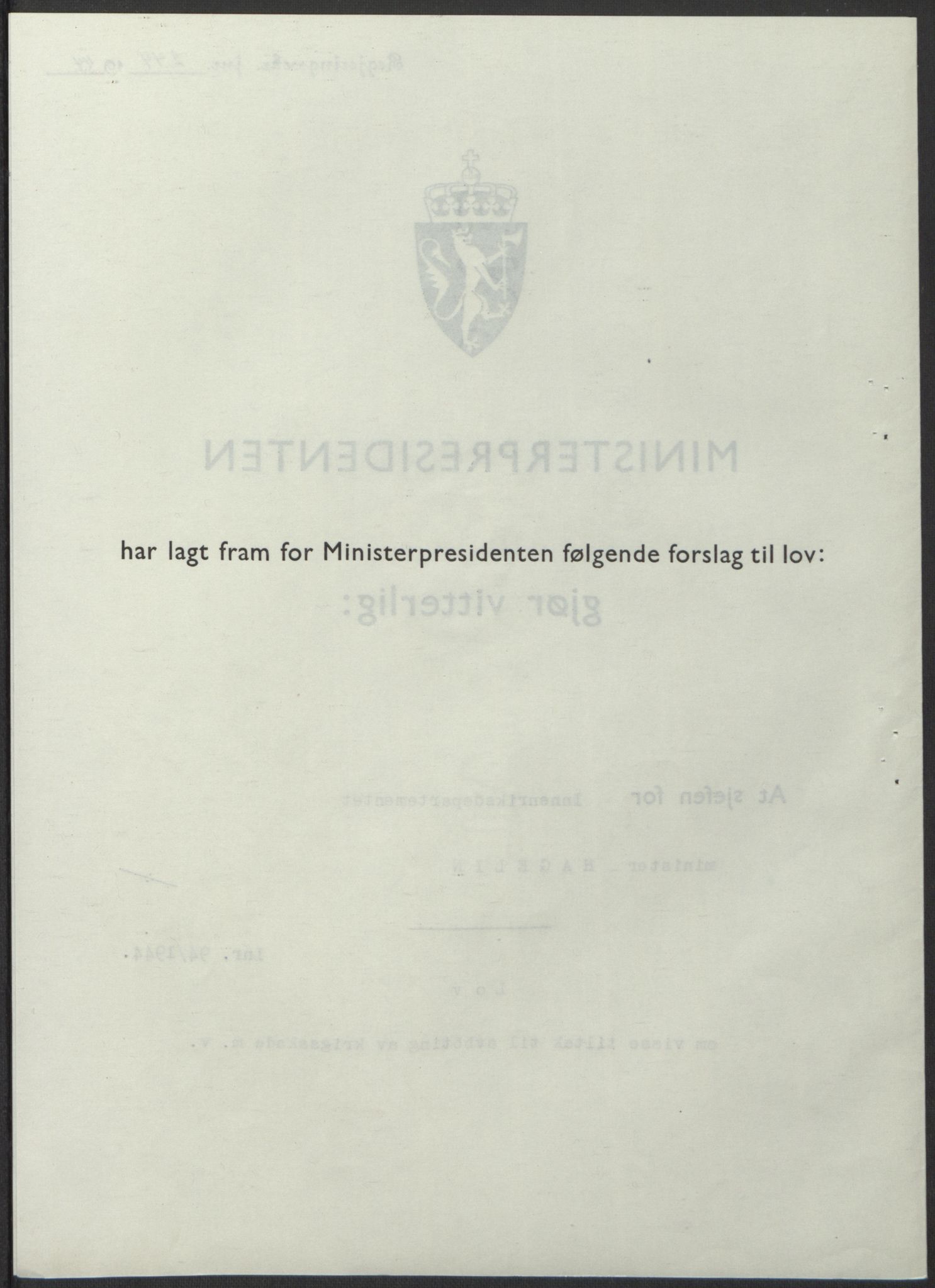 NS-administrasjonen 1940-1945 (Statsrådsekretariatet, de kommisariske statsråder mm), RA/S-4279/D/Db/L0100: Lover, 1944, p. 446