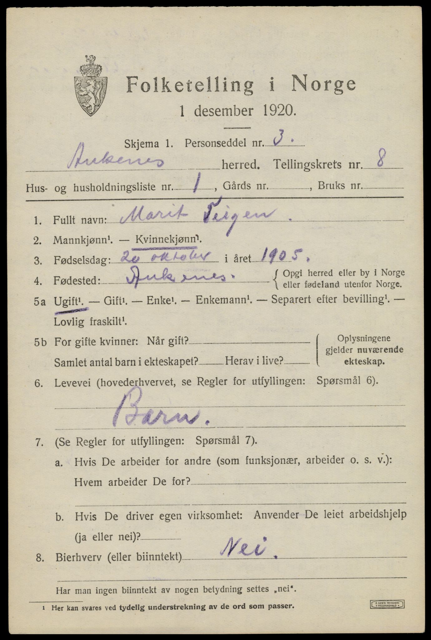 SAT, 1920 census for Ankenes, 1920, p. 3927