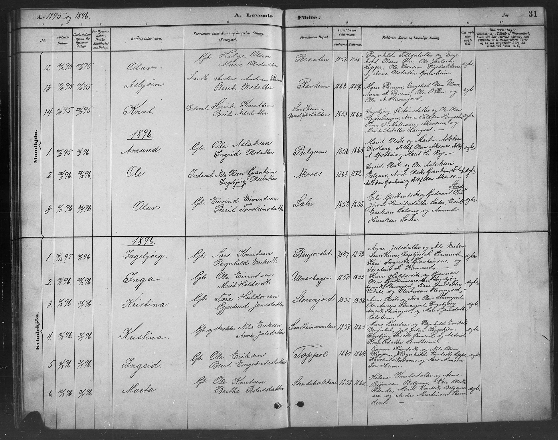 Nord-Aurdal prestekontor, SAH/PREST-132/H/Ha/Hab/L0008: Parish register (copy) no. 8, 1883-1916, p. 31
