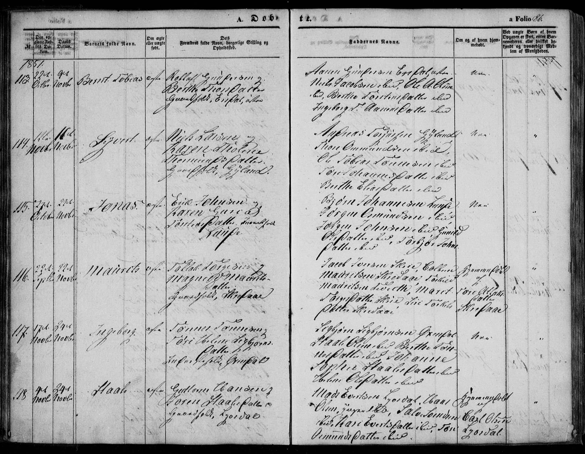 Bakke sokneprestkontor, AV/SAK-1111-0002/F/Fa/Faa/L0005: Parish register (official) no. A 5, 1847-1855, p. 86