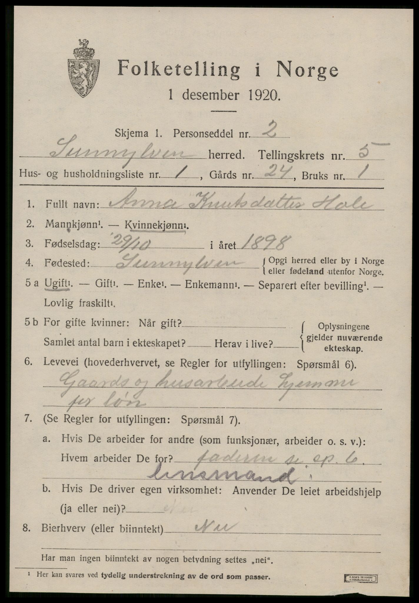 SAT, 1920 census for Sunnylven, 1920, p. 2164