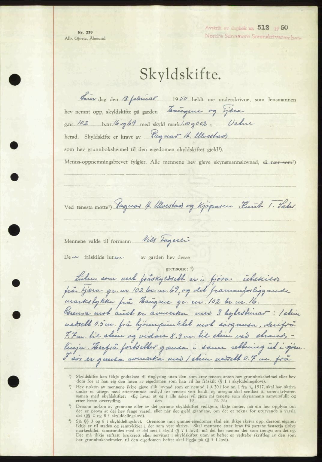 Nordre Sunnmøre sorenskriveri, AV/SAT-A-0006/1/2/2C/2Ca: Mortgage book no. A33, 1949-1950, Diary no: : 512/1950