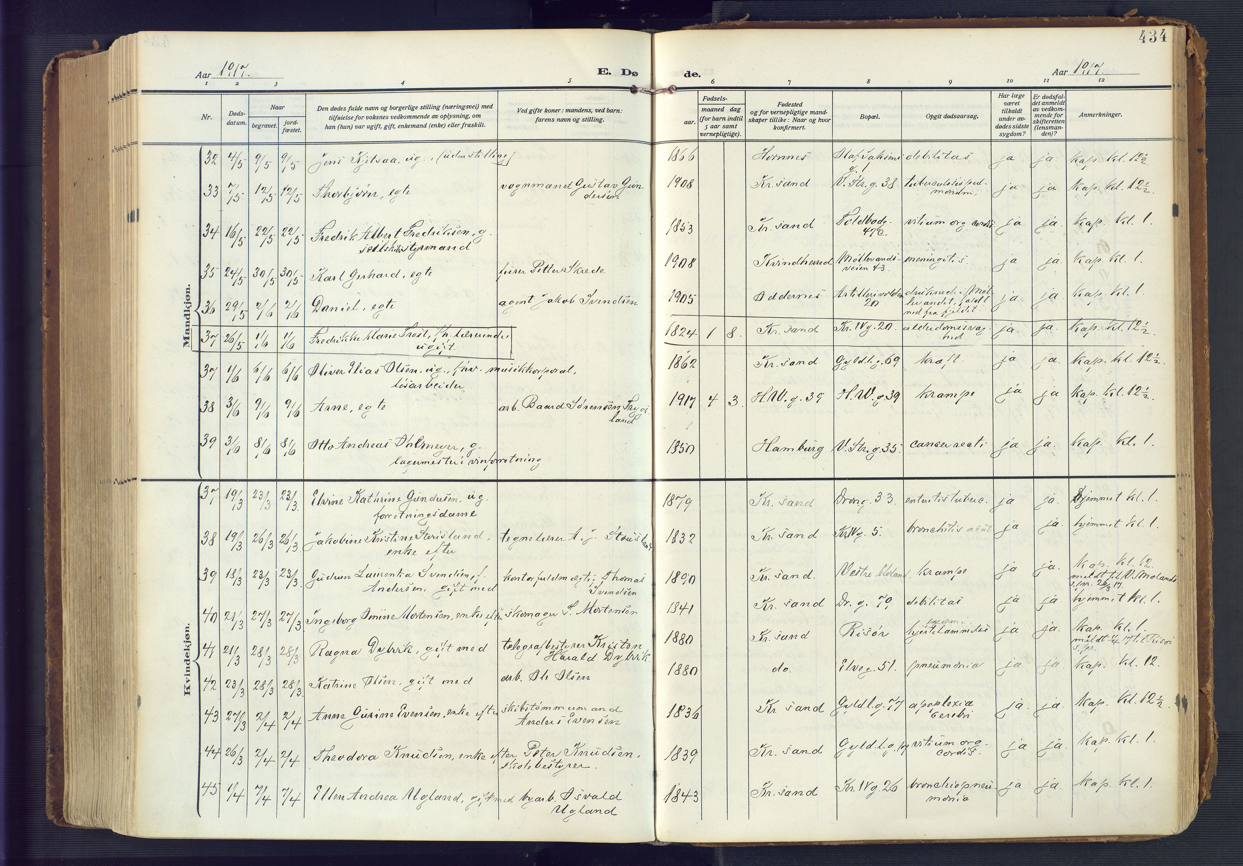 Kristiansand domprosti, AV/SAK-1112-0006/F/Fa/L0023: Parish register (official) no. A 22, 1909-1917, p. 434