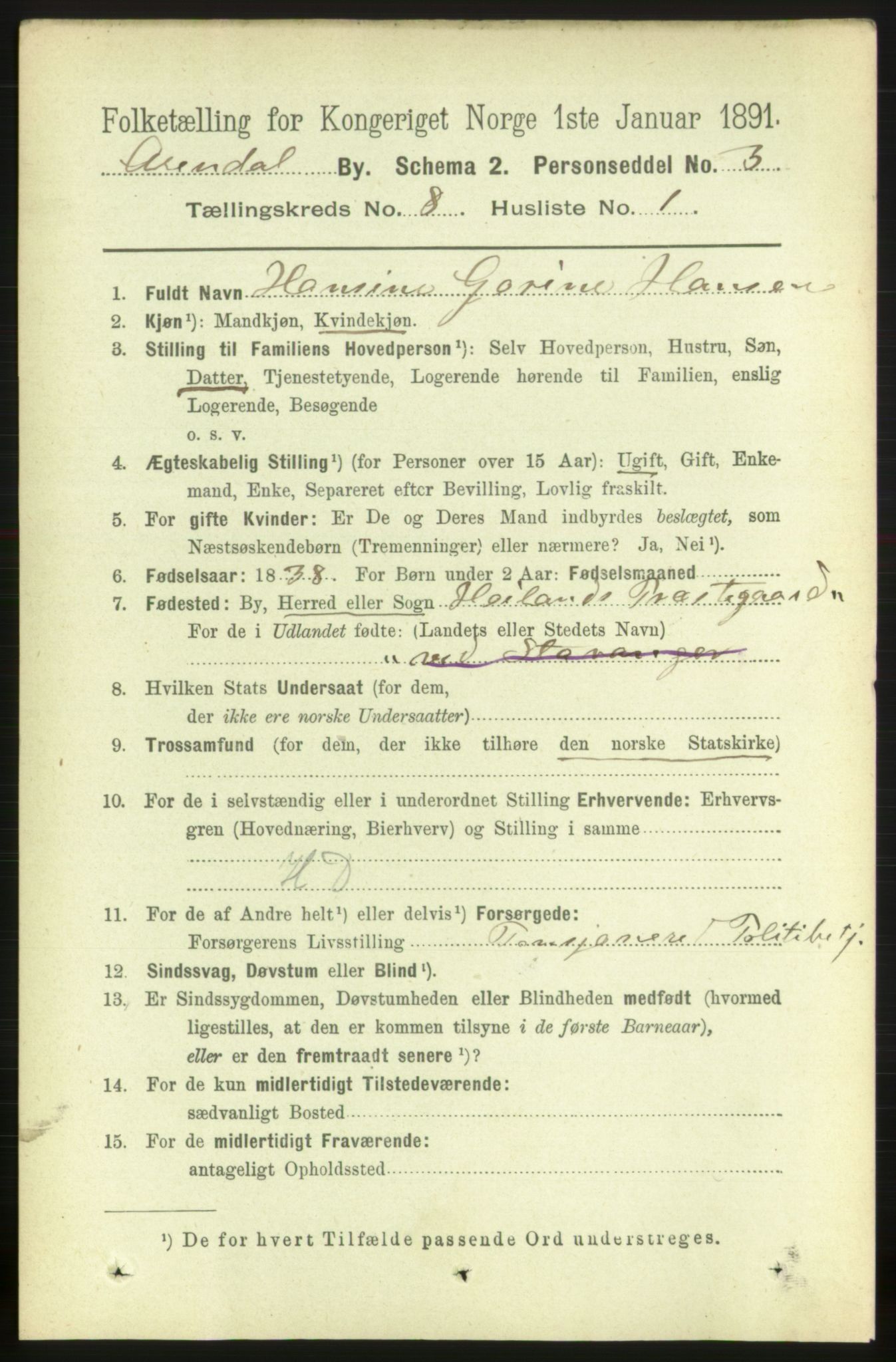 RA, 1891 census for 0903 Arendal, 1891, p. 2848