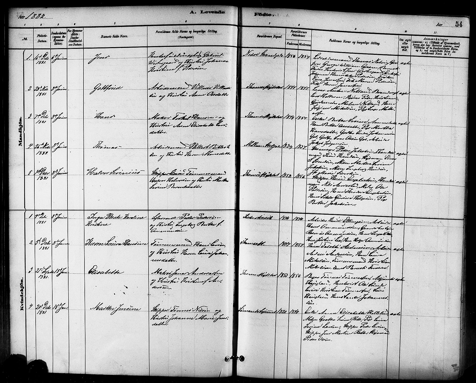 Domkirken sokneprestkontor, SAST/A-101812/001/30/30BB/L0015: Parish register (copy) no. B 15, 1880-1891, p. 54