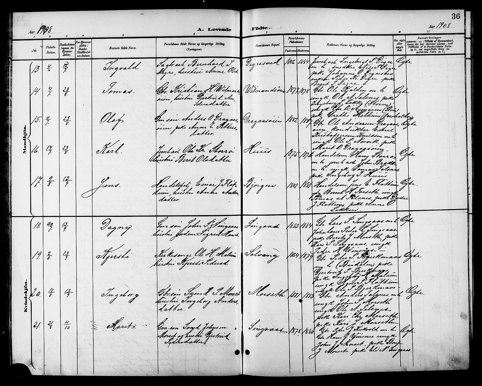 Ministerialprotokoller, klokkerbøker og fødselsregistre - Sør-Trøndelag, AV/SAT-A-1456/688/L1029: Parish register (copy) no. 688C04, 1899-1915, p. 36