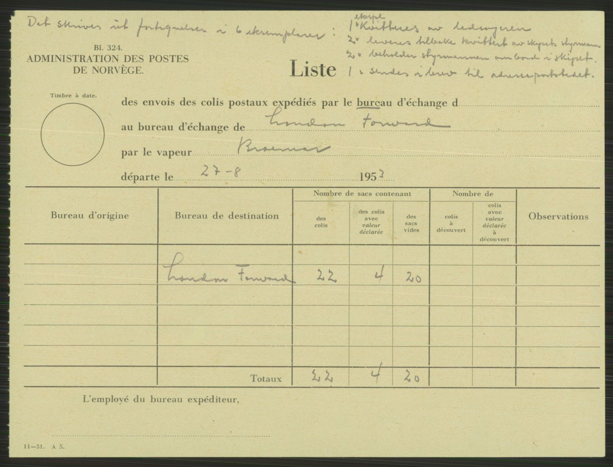 Poststyret, Statistikkontoret (D), AV/RA-S-4658/D/L0038/0004: Økonomi. Driftsøkonomiske undersøkelser / Pakkepost til utlandet, 1953, p. 13