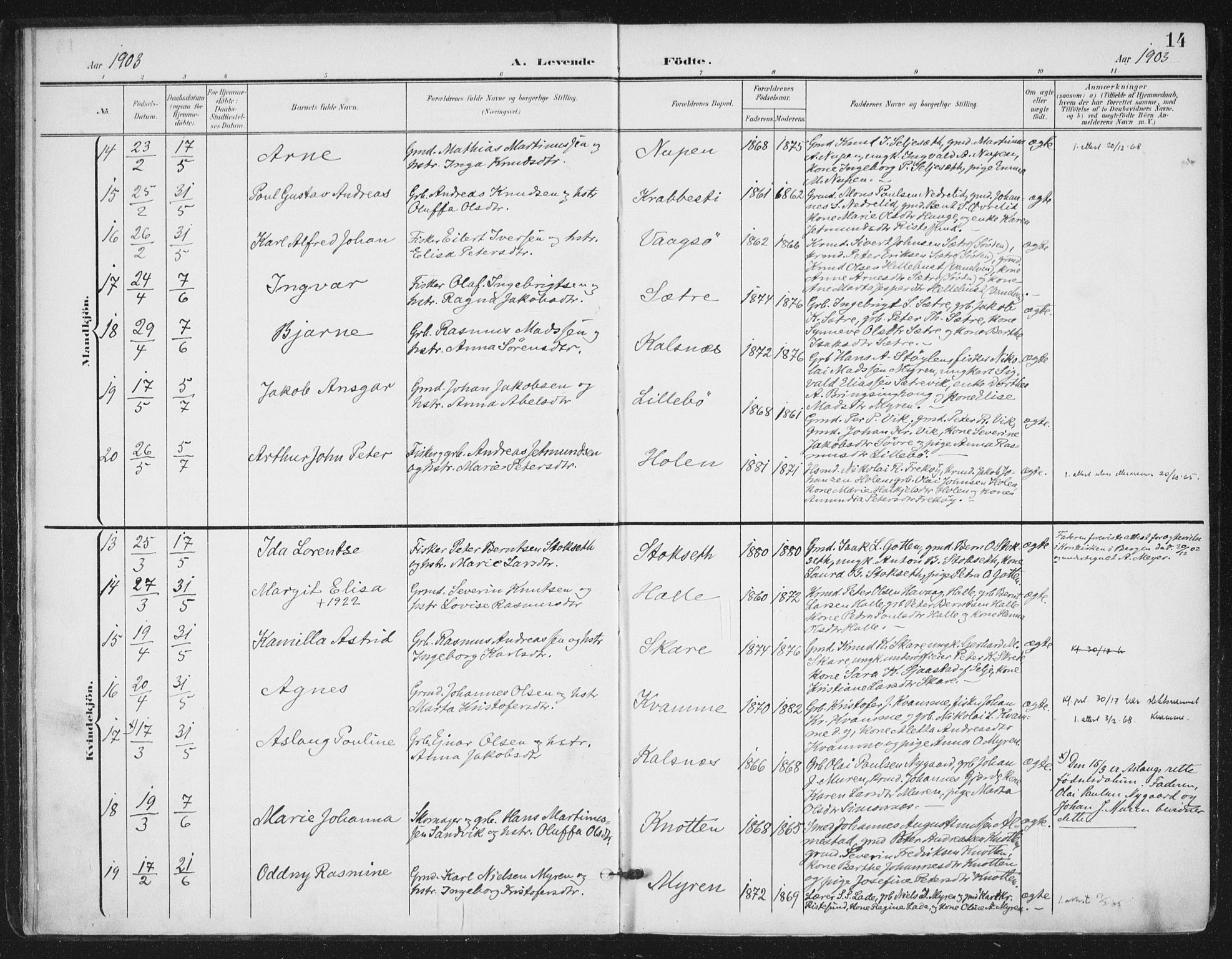 Ministerialprotokoller, klokkerbøker og fødselsregistre - Møre og Romsdal, AV/SAT-A-1454/503/L0038: Parish register (official) no. 503A06, 1901-1917, p. 14