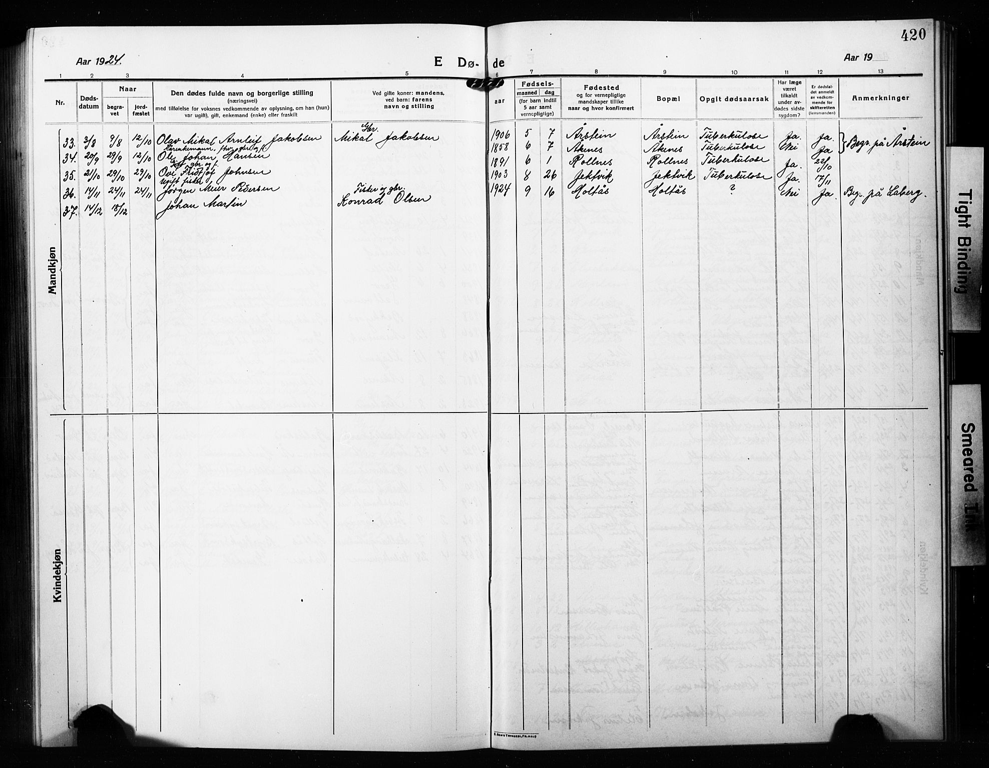 Ibestad sokneprestembete, AV/SATØ-S-0077/H/Ha/Hab/L0010klokker: Parish register (copy) no. 10, 1915-1929, p. 420