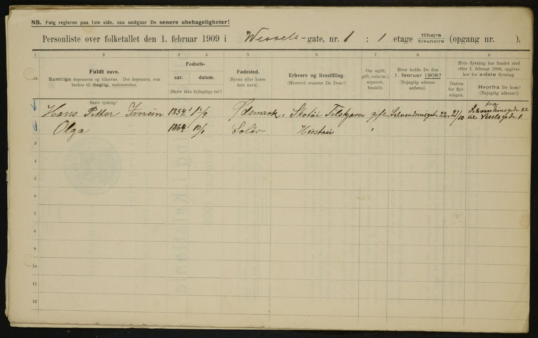 OBA, Municipal Census 1909 for Kristiania, 1909, p. 116087