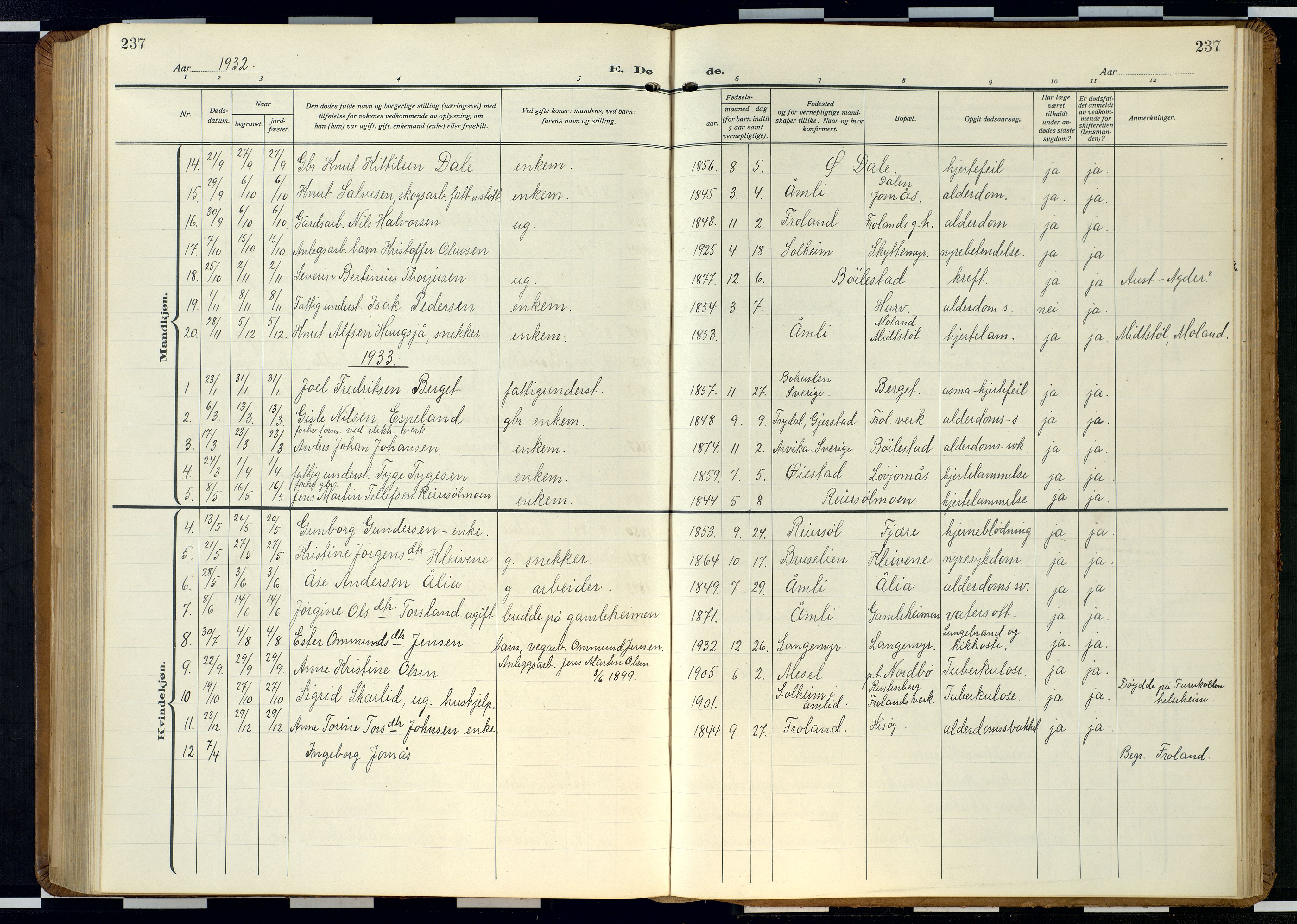 Froland sokneprestkontor, AV/SAK-1111-0013/F/Fb/L0011: Parish register (copy) no. B 11, 1921-1947, p. 237