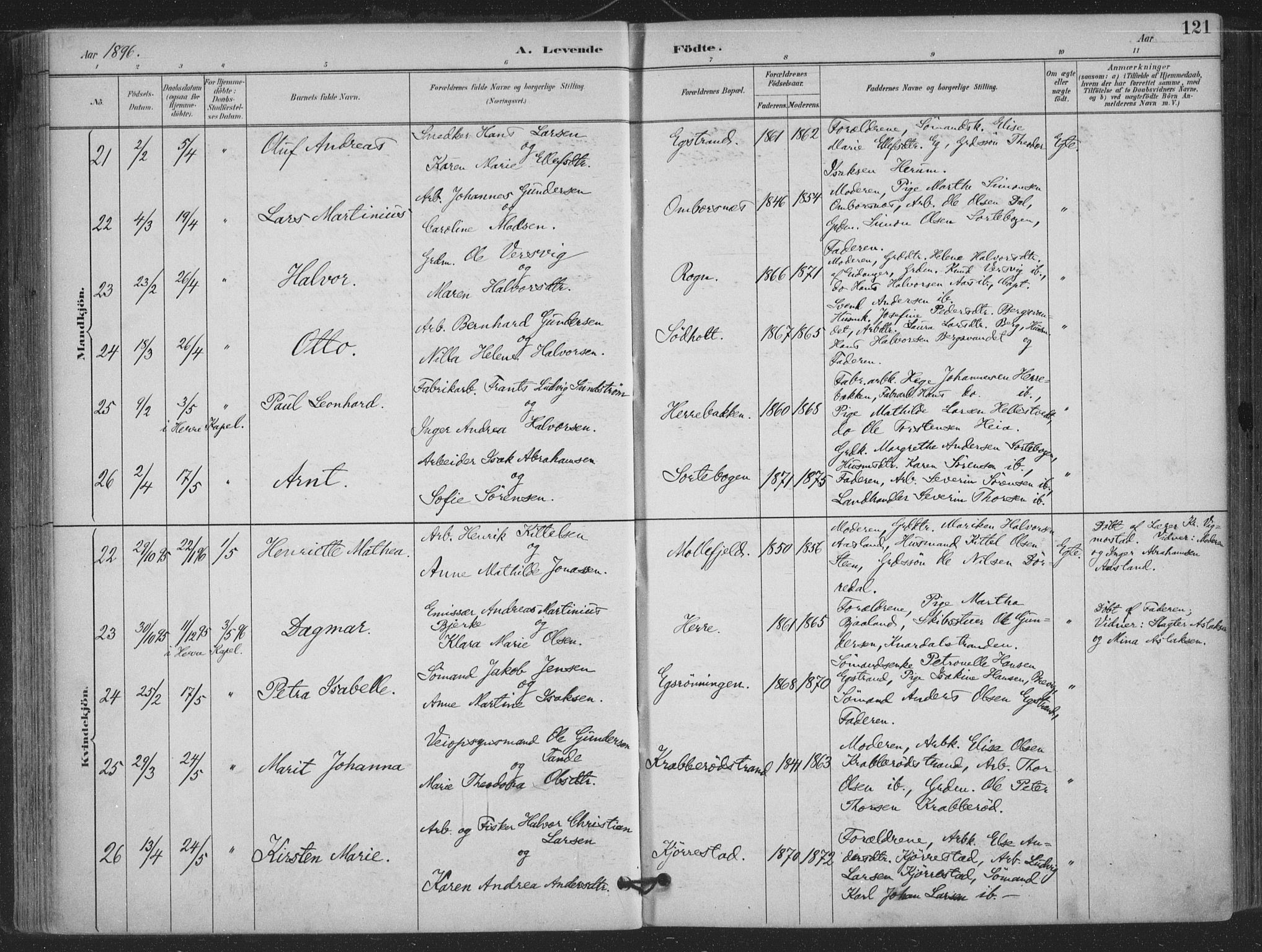 Bamble kirkebøker, AV/SAKO-A-253/F/Fa/L0008: Parish register (official) no. I 8, 1888-1900, p. 121