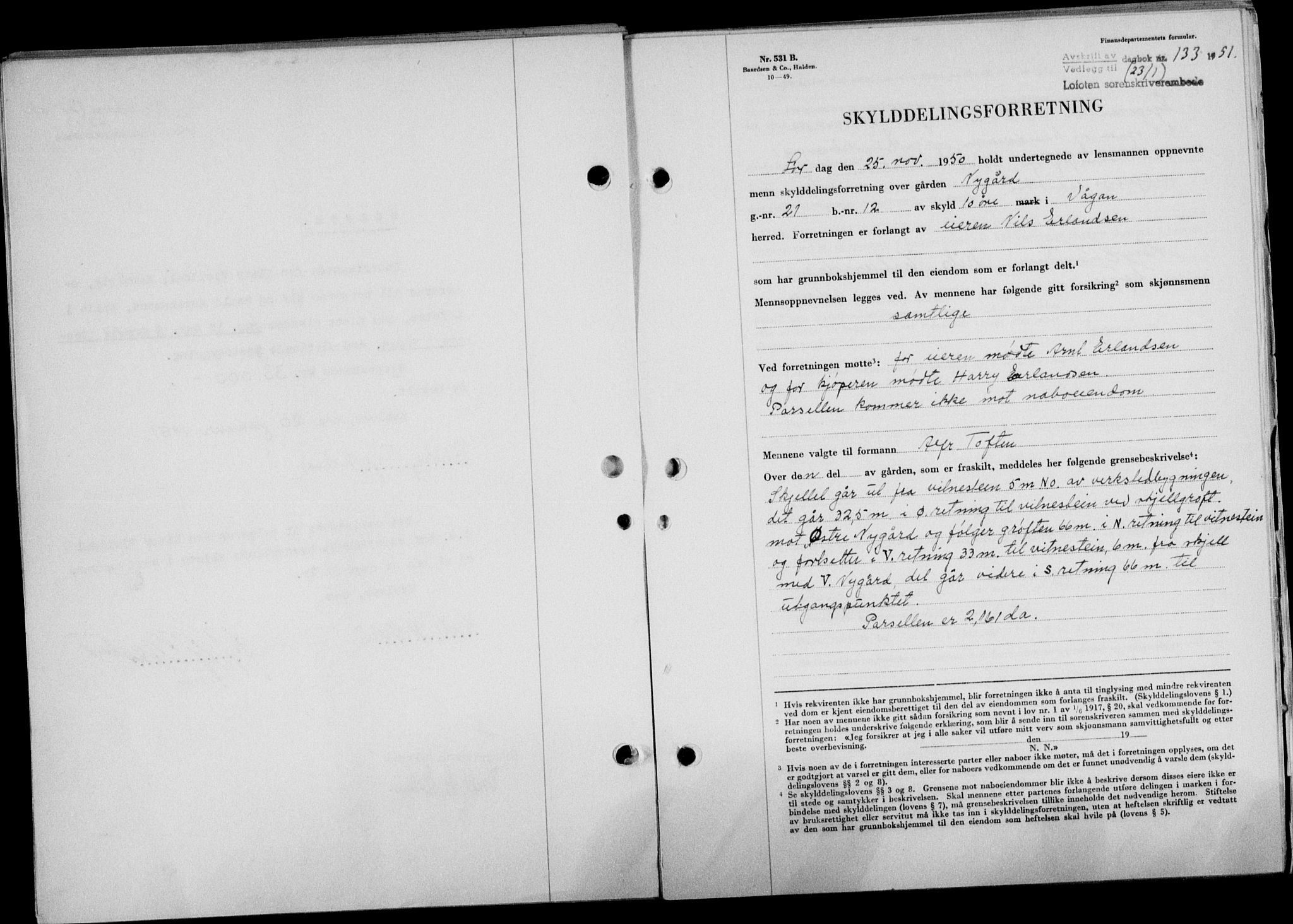 Lofoten sorenskriveri, SAT/A-0017/1/2/2C/L0025a: Mortgage book no. 25a, 1950-1951, Diary no: : 133/1951