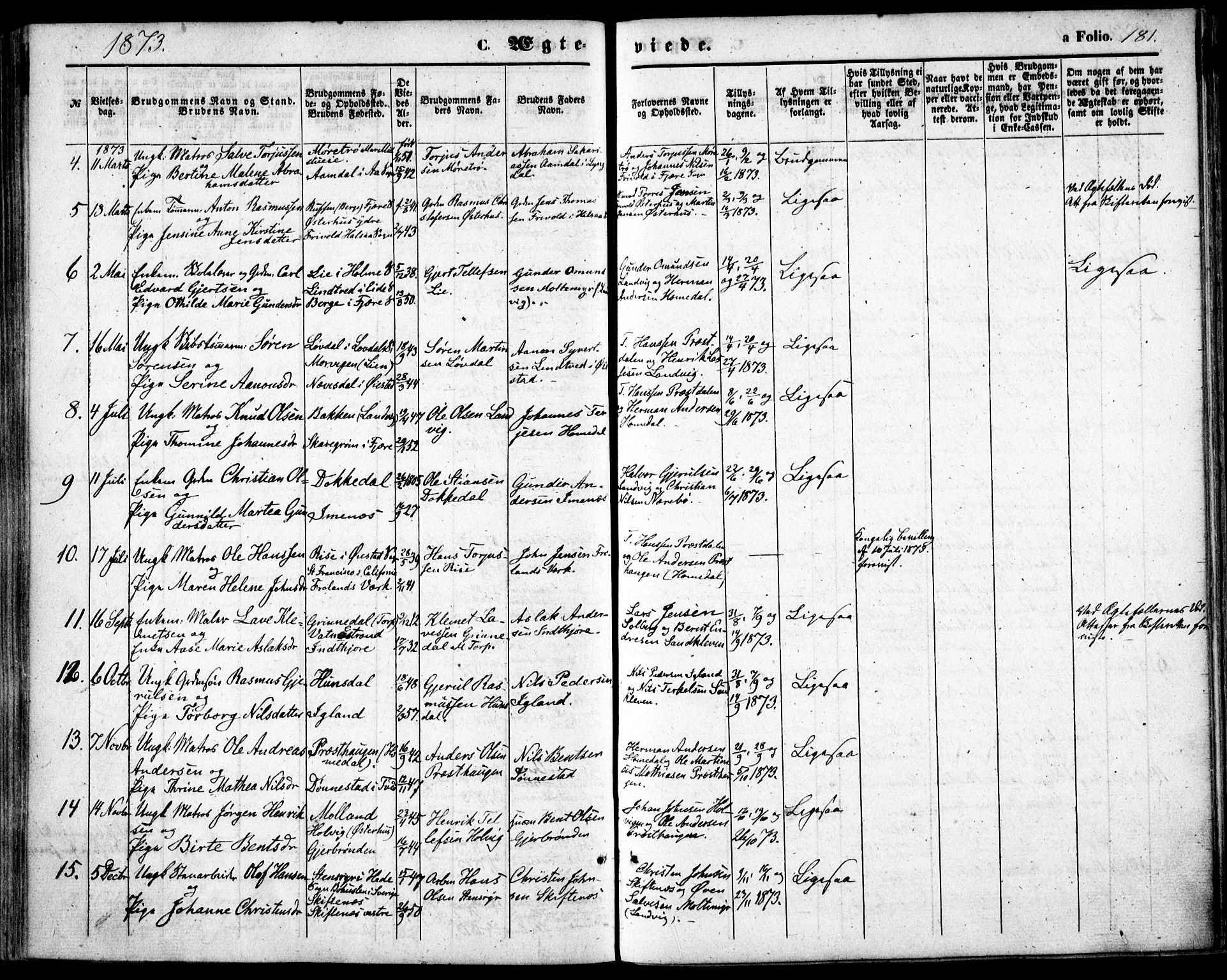 Hommedal sokneprestkontor, SAK/1111-0023/F/Fa/Fab/L0005: Parish register (official) no. A 5, 1861-1877, p. 181