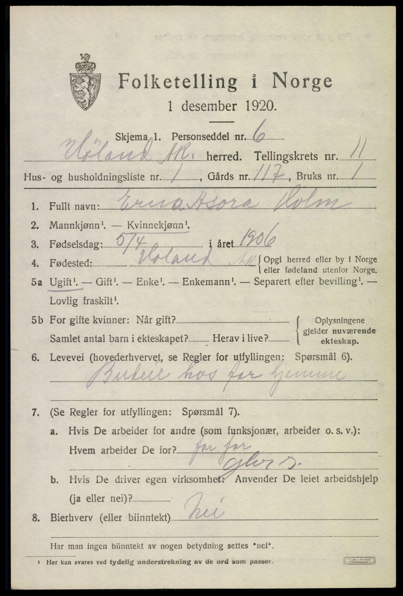 SAO, 1920 census for Høland, 1920, p. 10809