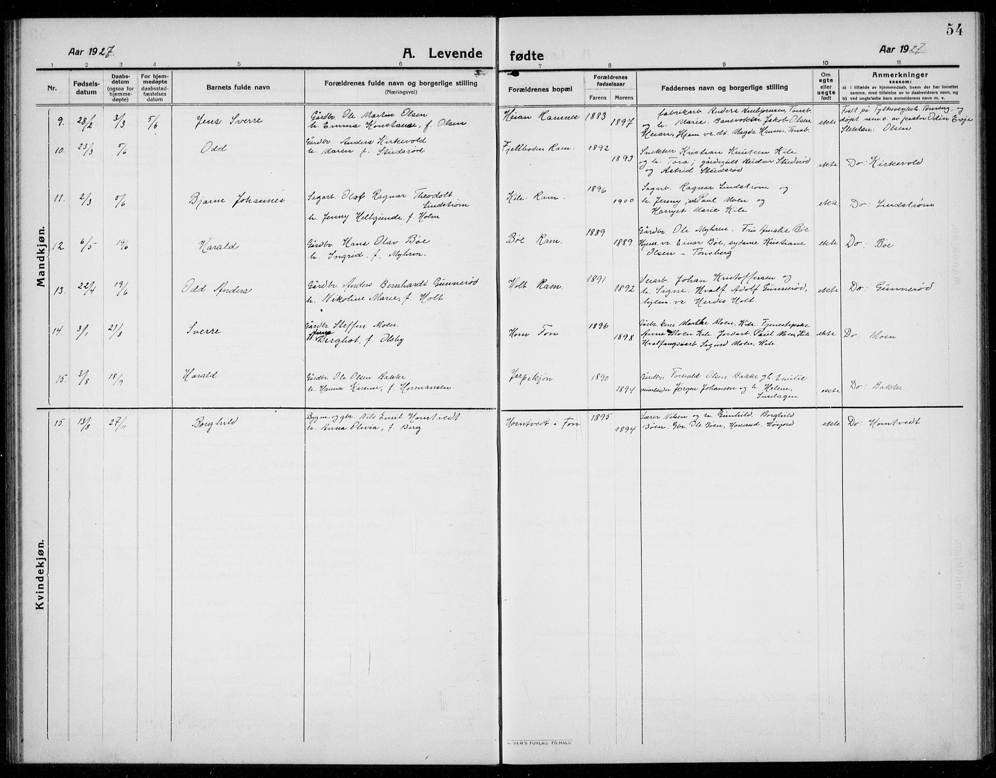 Ramnes kirkebøker, AV/SAKO-A-314/G/Ga/L0005: Parish register (copy) no. I 5, 1912-1936, p. 54