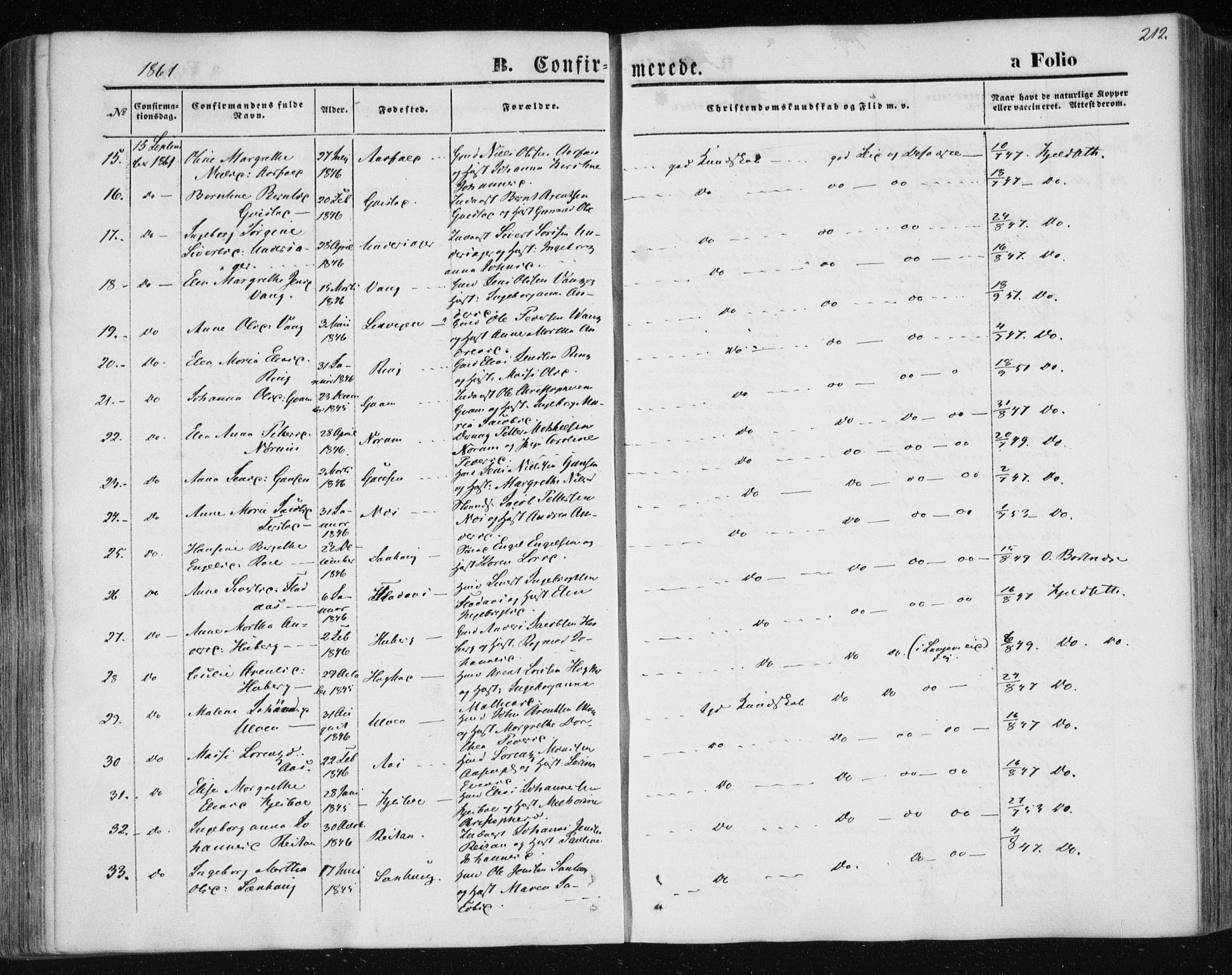 Ministerialprotokoller, klokkerbøker og fødselsregistre - Nord-Trøndelag, SAT/A-1458/730/L0283: Parish register (official) no. 730A08, 1855-1865, p. 212