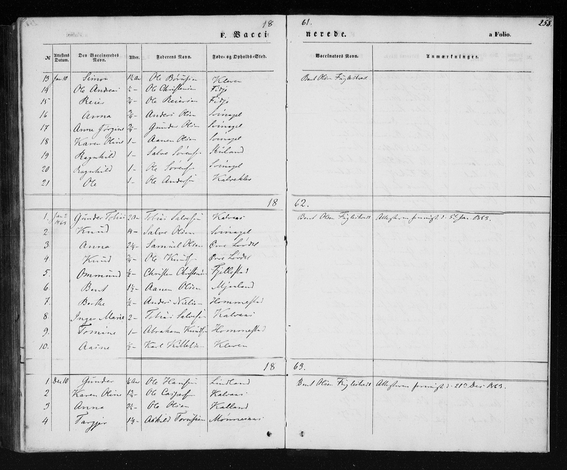 Holum sokneprestkontor, AV/SAK-1111-0022/F/Fa/Fab/L0005: Parish register (official) no. A 5, 1847-1874, p. 258