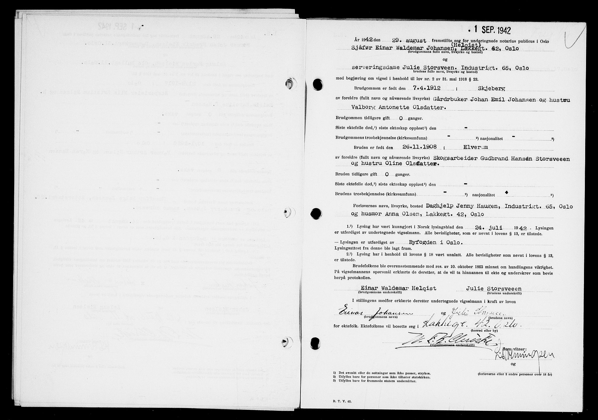 Oslo byfogd avd. I, AV/SAO-A-10220/L/Lb/Lbb/L0041: Notarialprotokoll, rekke II: Vigsler, 1942