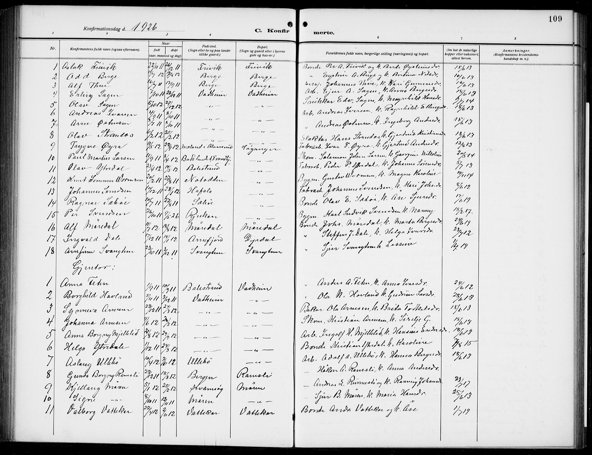 Lavik sokneprestembete, AV/SAB-A-80901: Parish register (copy) no. B 4, 1914-1937, p. 109