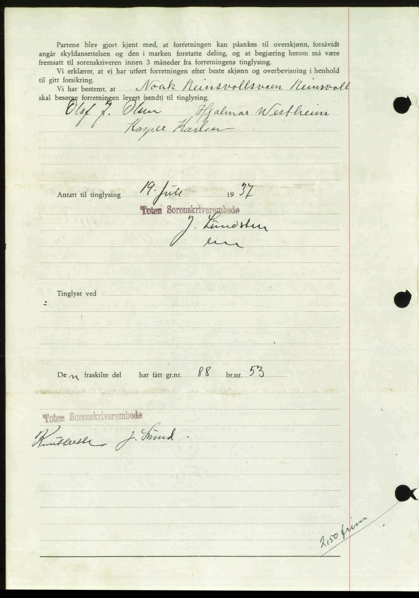 Toten tingrett, SAH/TING-006/H/Hb/Hbc/L0003: Mortgage book no. Hbc-03, 1937-1938, Diary no: : 1739/1937