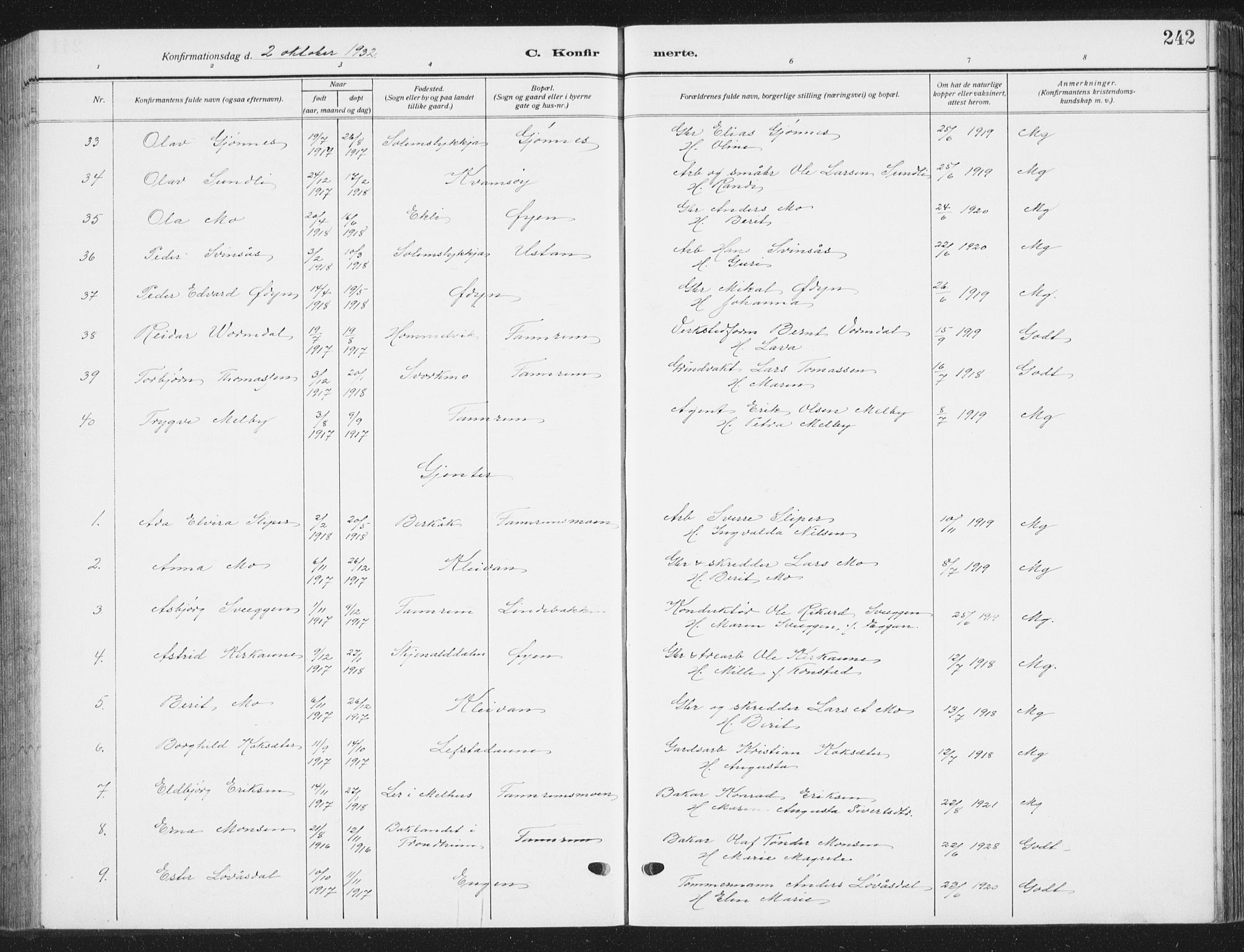 Ministerialprotokoller, klokkerbøker og fødselsregistre - Sør-Trøndelag, SAT/A-1456/668/L0820: Parish register (copy) no. 668C09, 1912-1936, p. 242