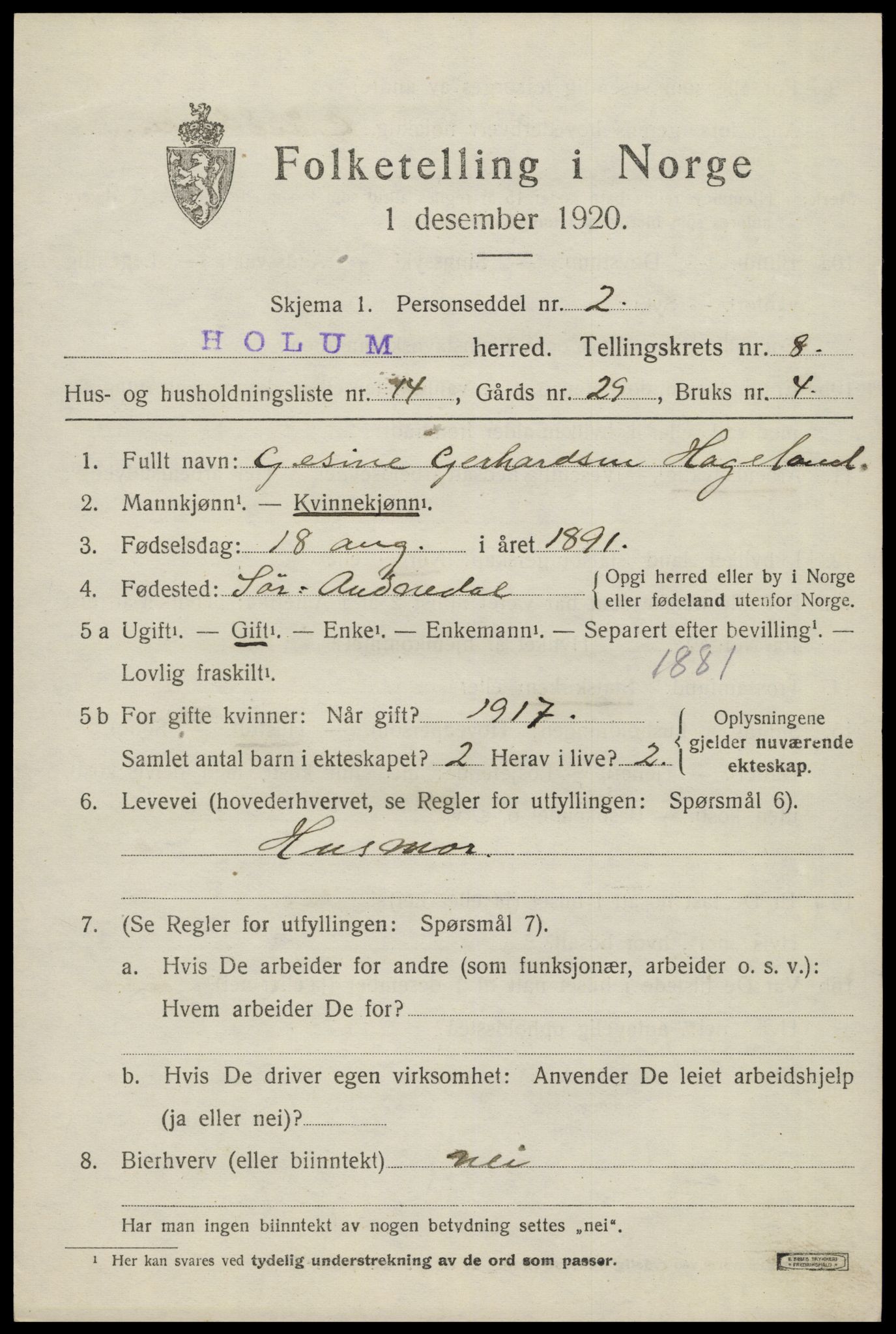 SAK, 1920 census for Holum, 1920, p. 2623