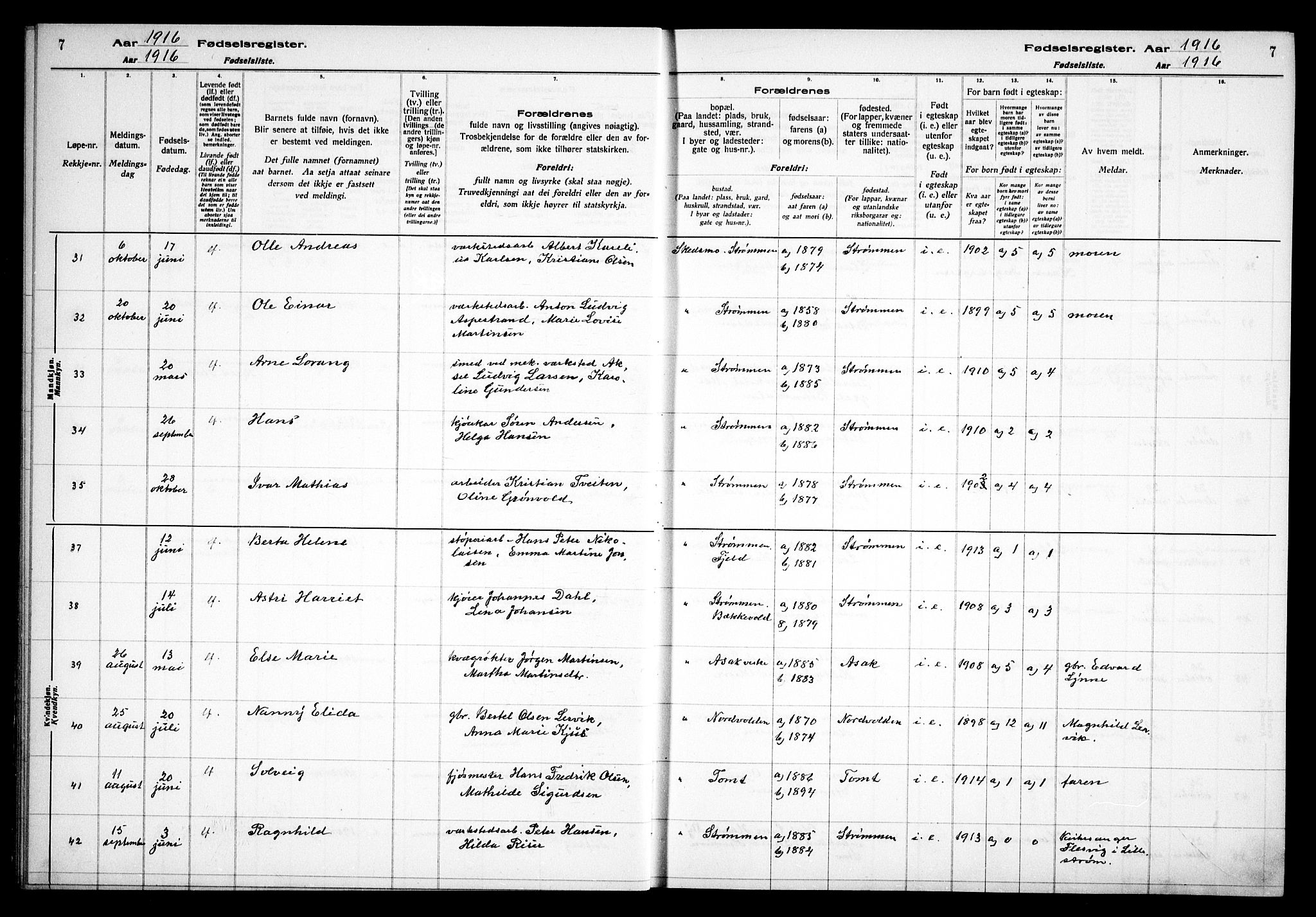 Skedsmo prestekontor Kirkebøker, AV/SAO-A-10033a/J/Ja/L0001: Birth register no. I 1, 1916-1931, p. 7